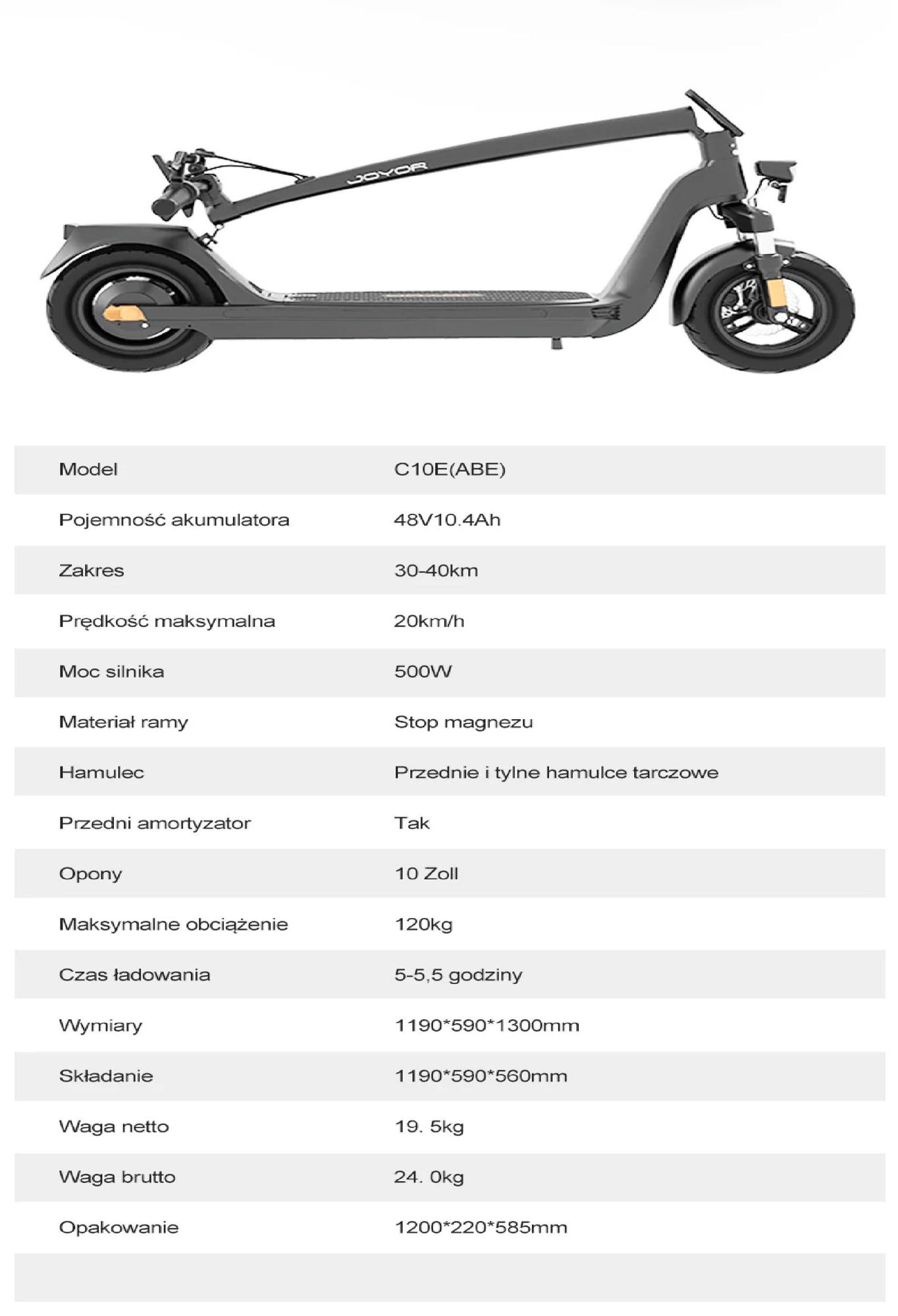 JOYOR C10E Certyfikat ABE Składana Hulajnoga Elektryczna - Silnik 500W Baterią 48V10.4AH 10-calowe Opony - Czarny