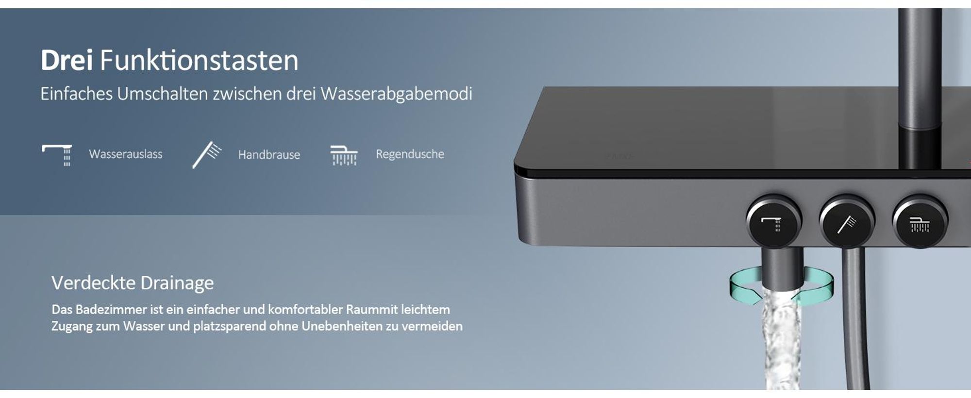 EMKE Duschsystem mit Thermostat 1146x450x480mm Glasablage Handbrause mit 3 Strahlarten Regendusche, Bad- & Duscharmaturen, KTW, Anthrazit Matt F10
