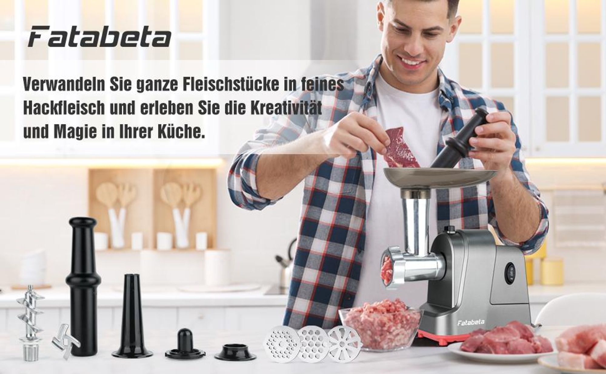 FATABETA Fleischwolf Elektrisch 2800W mit Schneidklingen,3 Edelstahl Loch-Scheiben,Wurstfüller,Kubbe-Kit,Aufsatz für Plätzchen ,Edelstahl