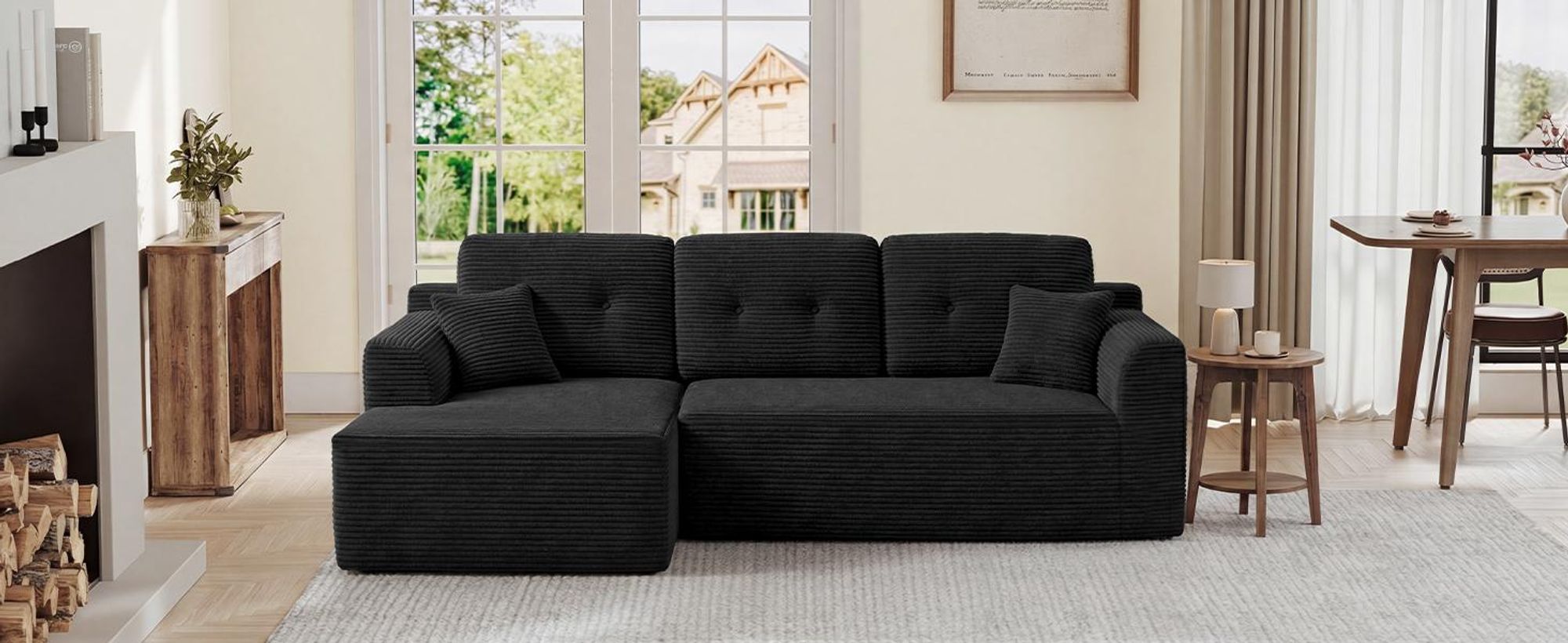 VASAGLE Modulares Sofa, Ecksofa mit Liege rechts, 242 cm breit, vakuumverpackt, keine Montage erforderlich, Schwarz