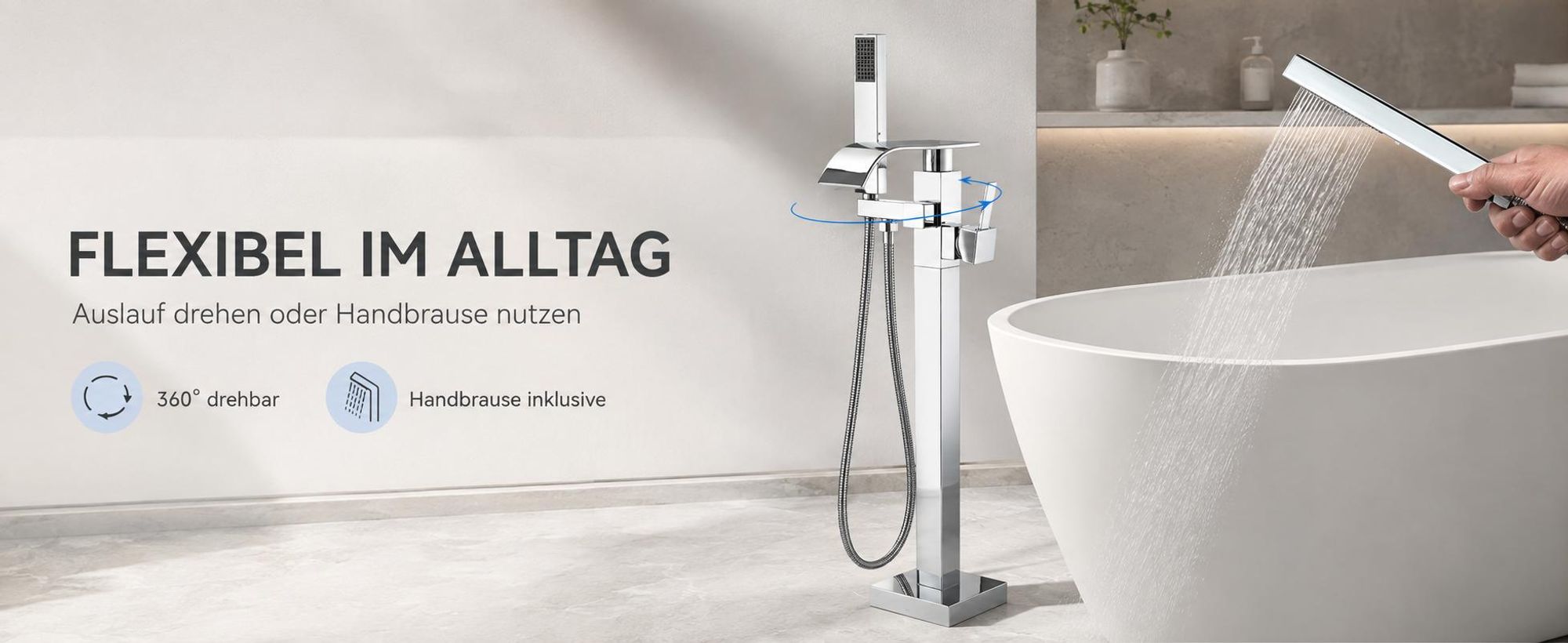 Badewannenarmatur Ari, freistehend mit Handbrause, 360 Grad schwenkbarer Auslauf, Keramikkartusche, Chrom