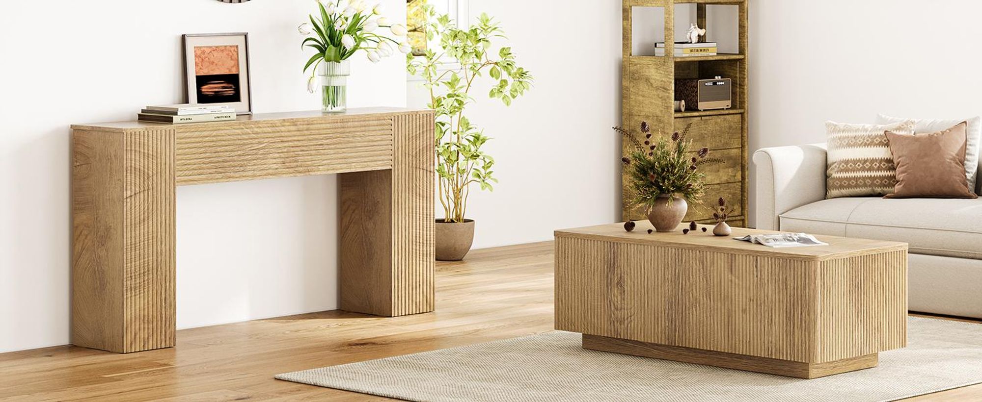 FABATO Lift-Couchtisch 106 cm mit großem verstecktem Stauraum, rechteckiges Fluted-Design mit abgerundeten Ecken, aufklappbar, Holz-Optik