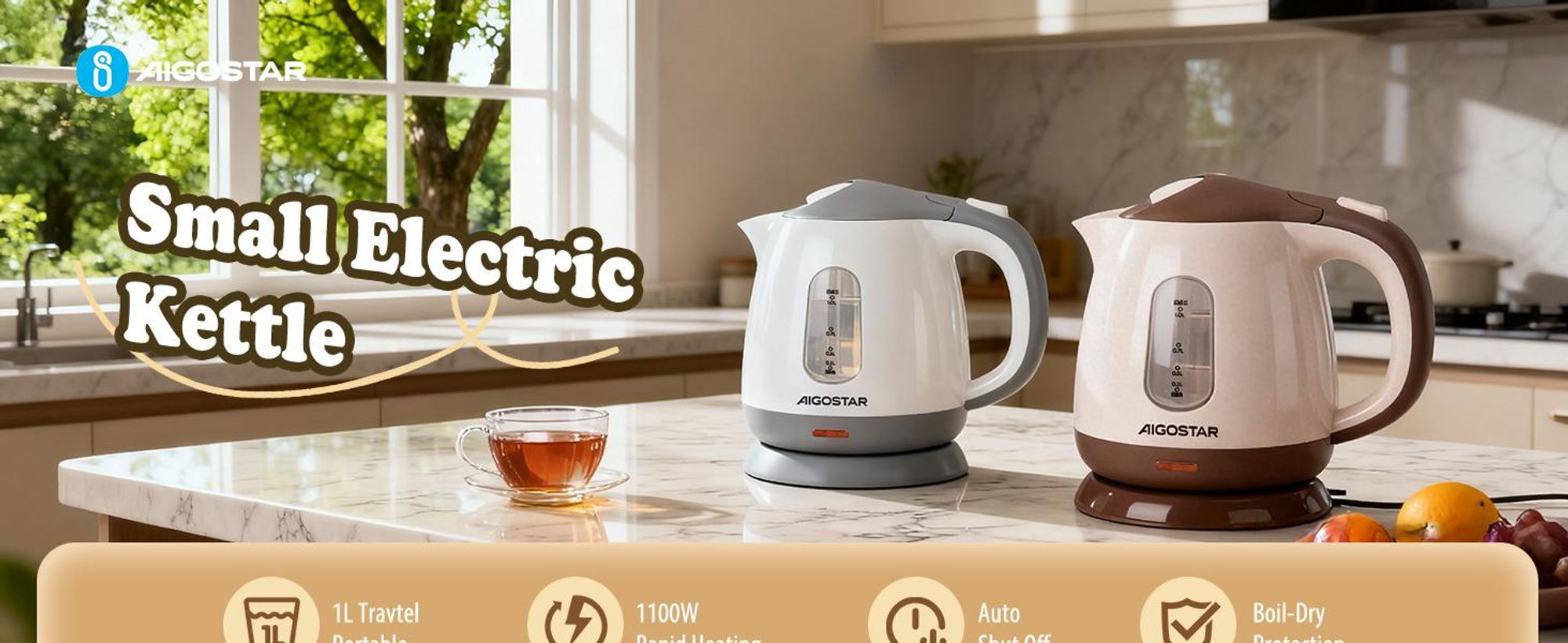 Aigostar Romeo 1100W Elektrischer Wasserkocher 1L, beige/braun, BPA-frei