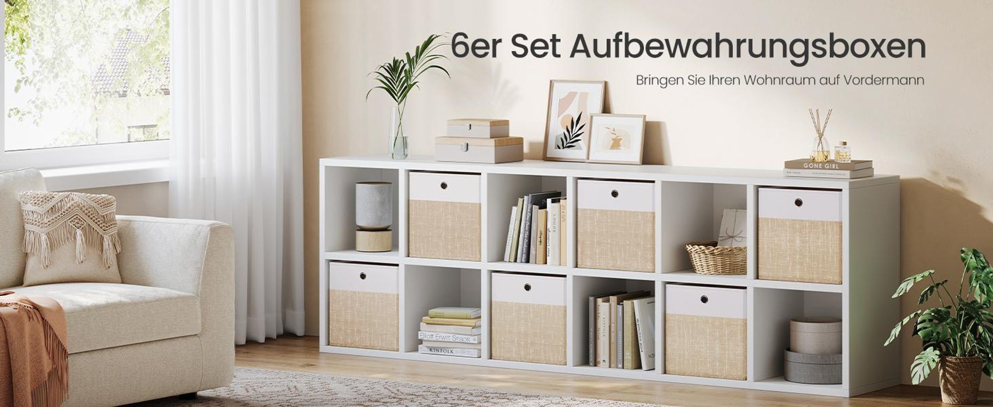 SONGMICS Aufbewahrungskörbe, 6er Set, faltbare Stoffboxen mit PP-Platten, für Regal, 33 x 33 x 33 cm, weiß-beige