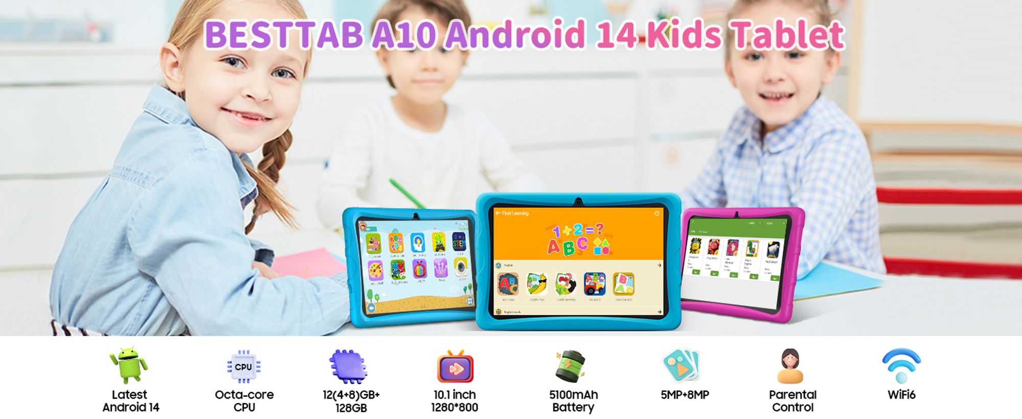 Tablet dla dzieci Blackview BESTTAB, 10 cali, Android 14, 12 GB RAM + 128 GB ROM (1 TB TF, ośmiordzeniowy tablet dla dzieci, długa żywotność baterii 5100 mAh, wstrząsoodporny)