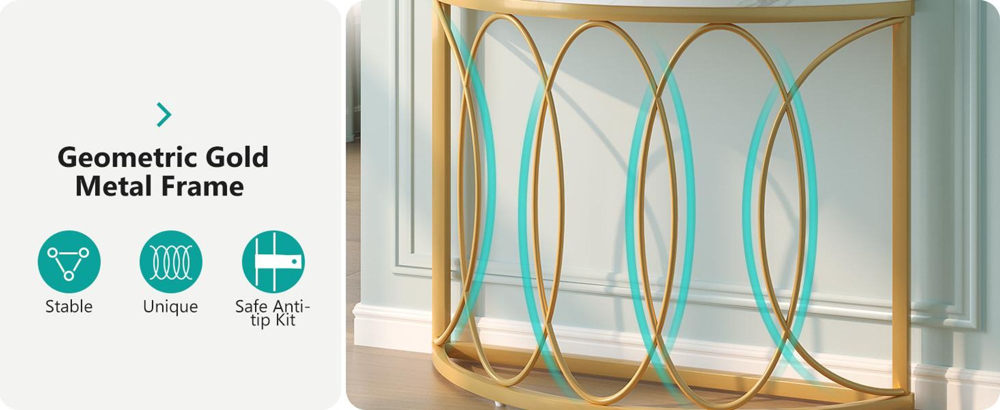 Wanbor Konsolentisch Schmal, Beistelltisch, Gold Marmor Wohnzimmertisch mit Metallrahmen&Halbmondförmig-Design, Moderner Sofatisch für Wohnzimmer