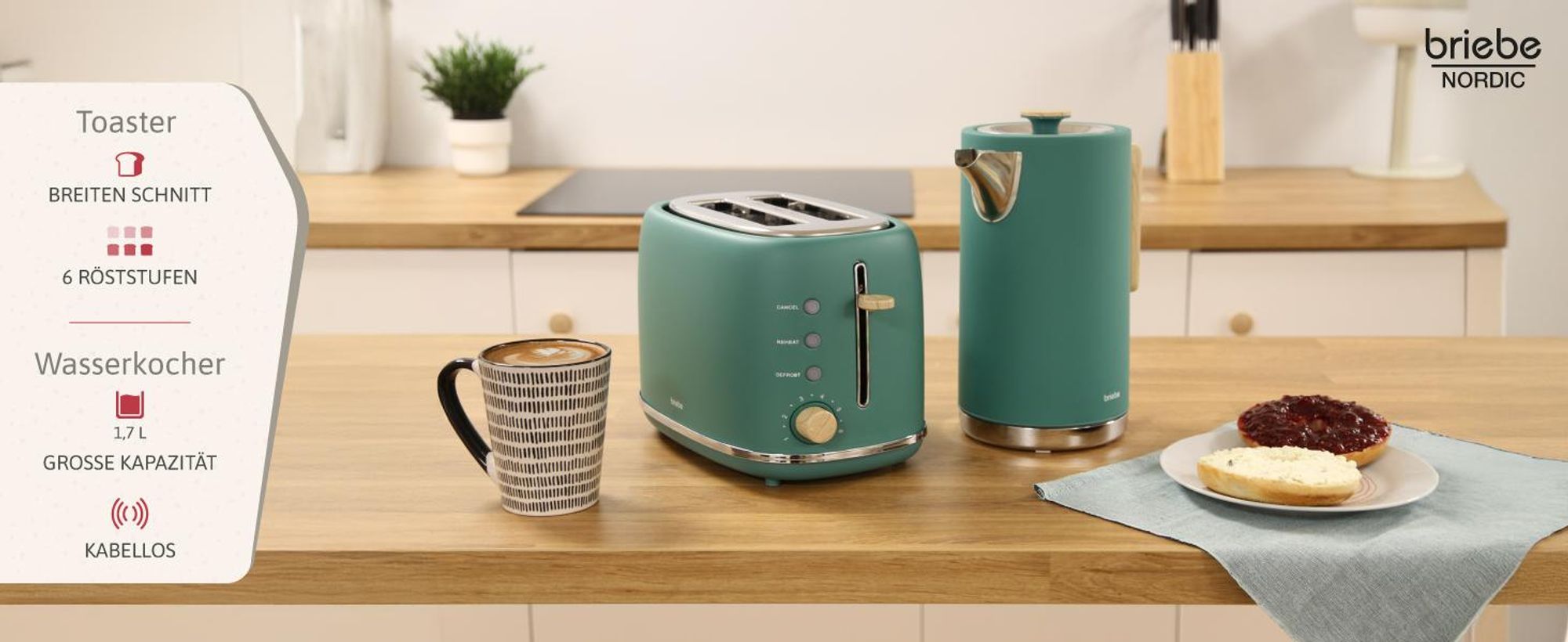 Briebe SKT1167GRE Nordic Set Toaster 2 Scheiben Breite Schlitze + Wasserkocher 1,7L Elektrischer Grün