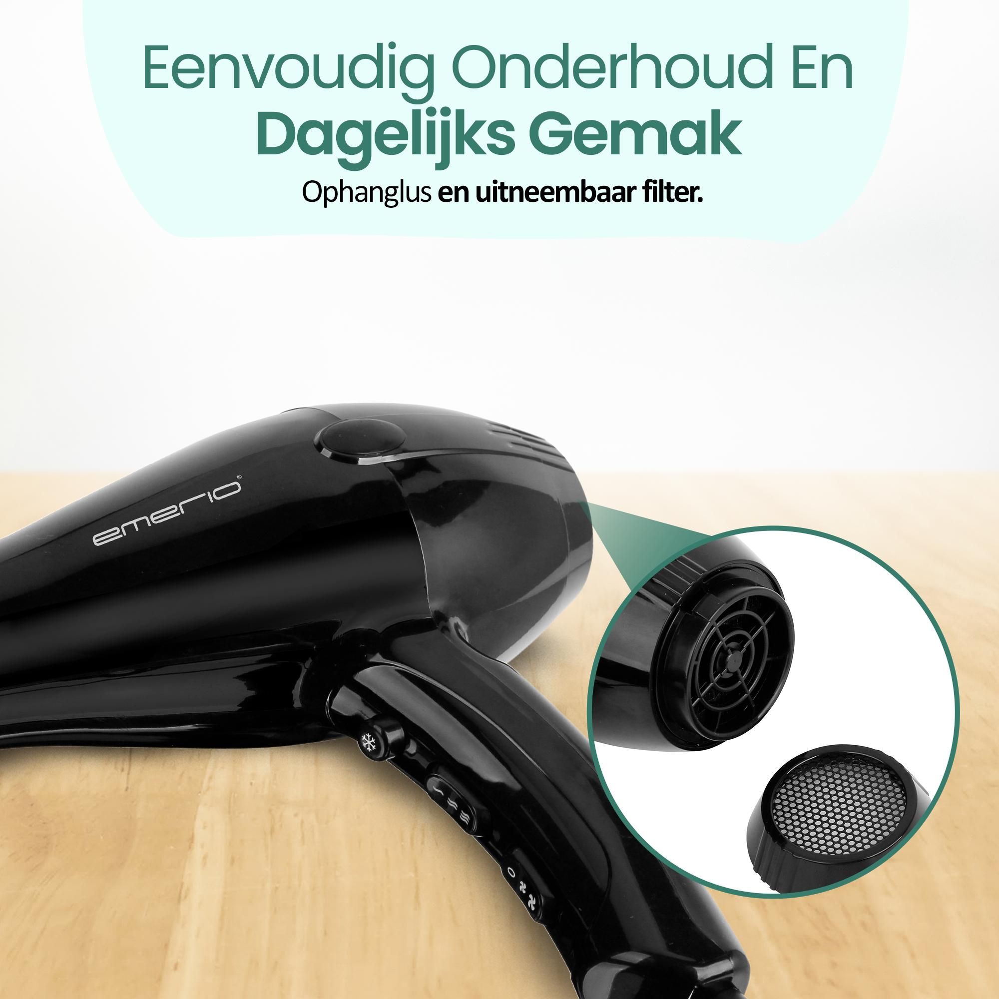 Emerio Haardroger – Föhn – 2 Snelheden – 3 Temperatuurstanden – Cool Shot – Ionische Functie – Stylingmondstuk + Diffuser – 2200 W – HD-122192