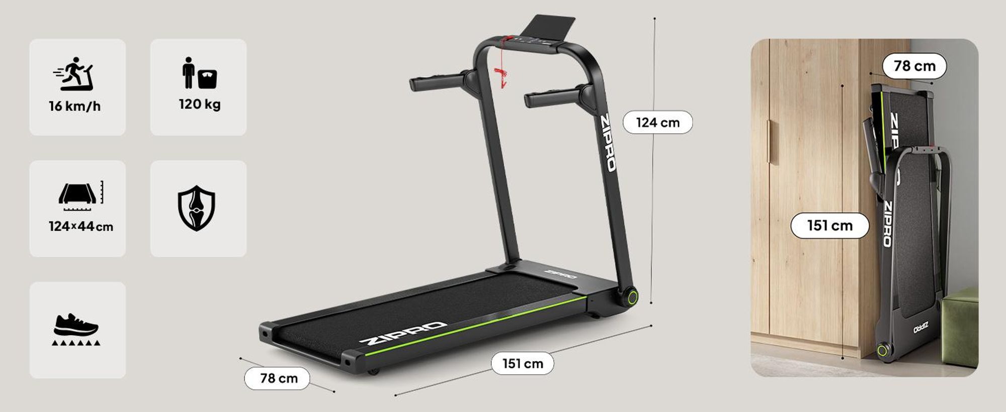 Zipro Laufband Elektrisch Jogger – Klappbar Ultra Flach für Unter das Bett Bis Geschwindigkeit LED Touch Display Pulsmessung Platzsparendes