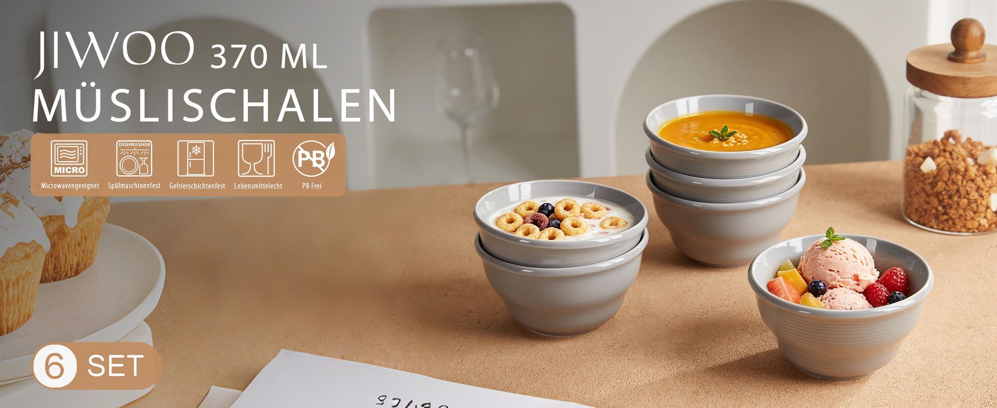 6-teiliges Schalen Set Ø11,7 cm Keramik Müslischalen, Dessert-, Snack- & Eisschalen für 6 Personen – mikrowellen- & spülmaschinenfest