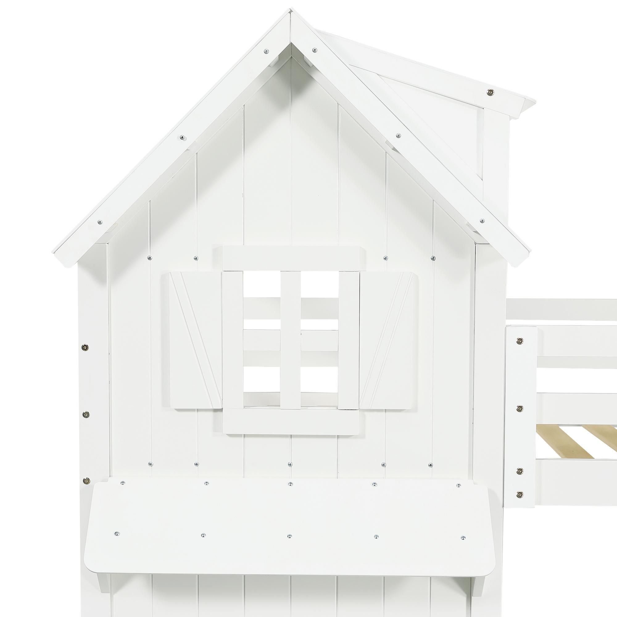 Flieks Etagenbett 90x200cm mit Lattenrost, Kinderbett Hausbett mit Rausfallschutz, Kinder Hochbett Stockbett mit Fenster und Dach, Weiß