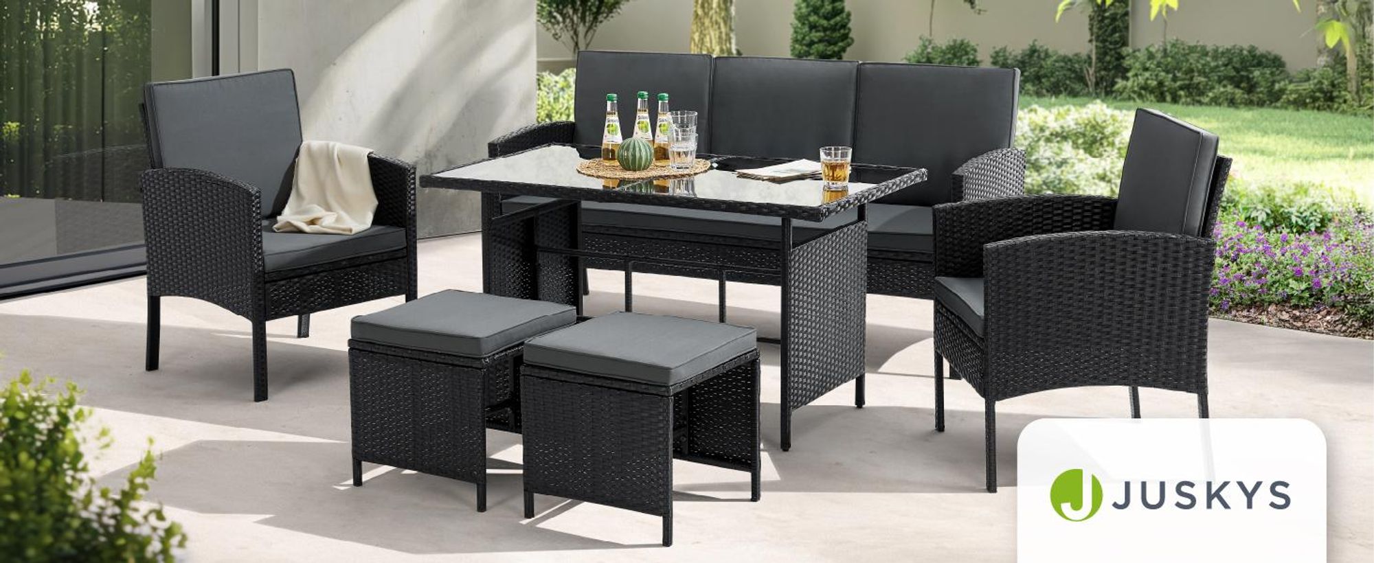 Juskys Polyrattan Gartenmöbel Sitzgruppe Turin Set 6 teilig - Outdoor Möbel Schwarz