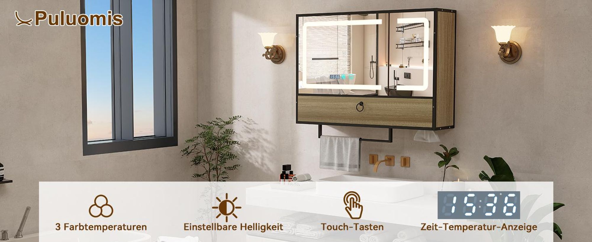 Puluomis Spiegelschrank Bad 80cm mit 3 färbiger dimmbarer Beleuchtung, Digitaler Uhr, Handtuchhalter, Antibeschlag Badezimmerschrank Wandschrank natur