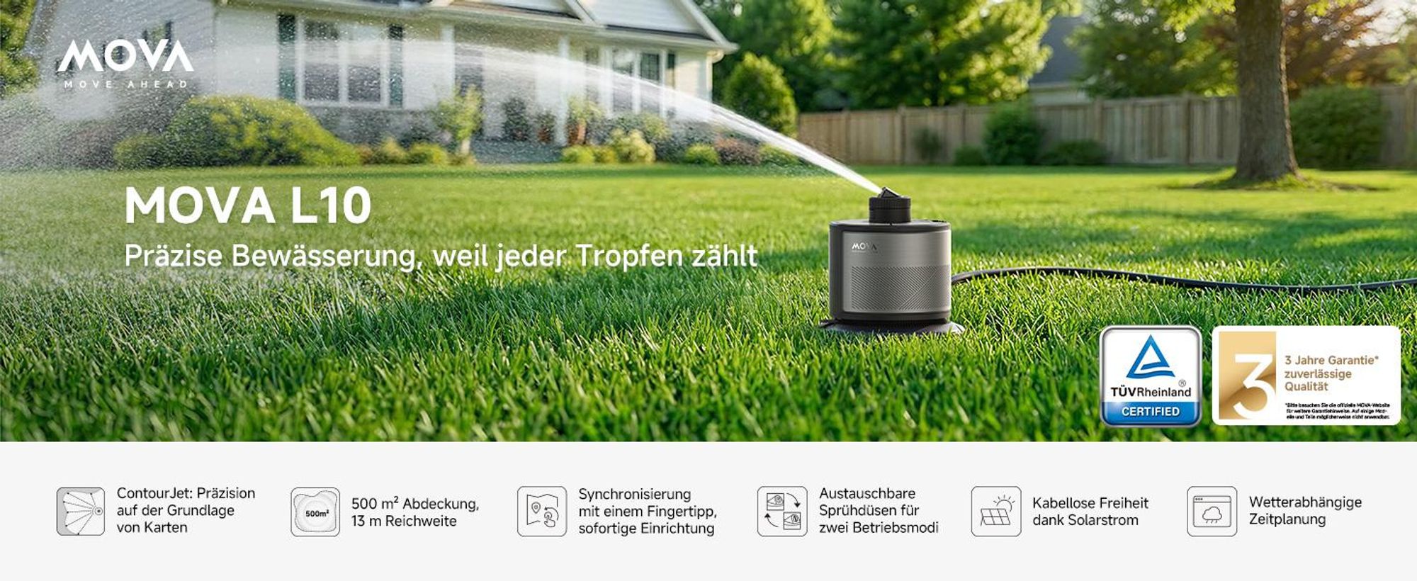 MOVA L10 Intelligenter Rasensprenger mit App & Solar, Automatische Gartenbewässerung WLAN, Regensensor, bis 500m²