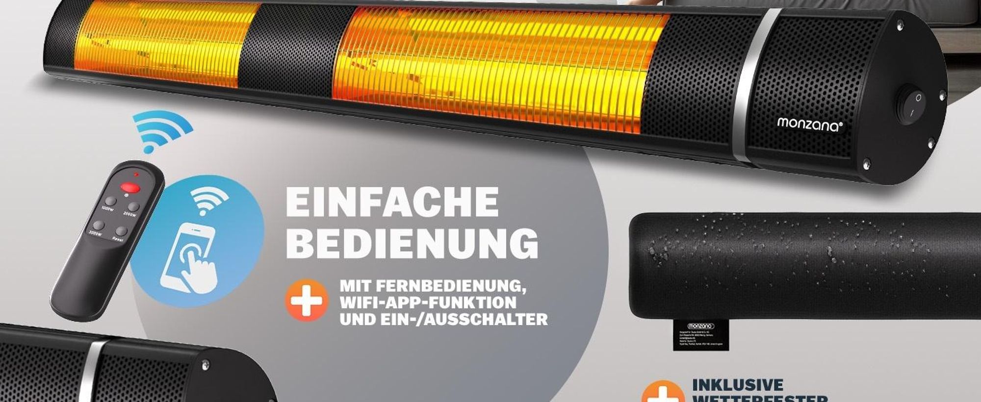 MONZANA® Infrarot Heizstrahler Goldröhre 3000W App Steuerung 3 Stufen Fernbedienung Outdoor Wärmestrahler Terrassenheizer Terrassenstrahler Silber