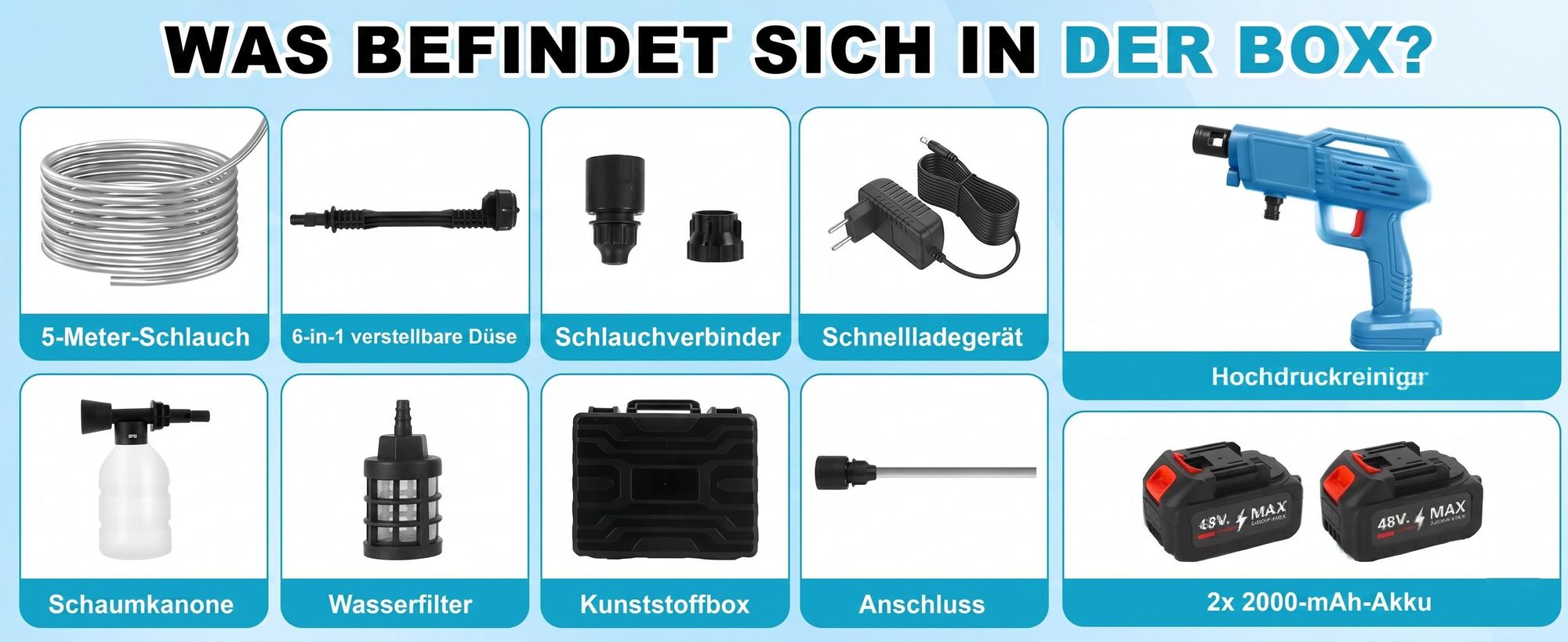Akku Hochdruckreiniger, Akku-tragbare Hochdruckreinigungsmaschine, KFZ-Reiniger mit 2 Akkus, 5m Schlauch, Schaumkrug, zur Autos, Gärten und Lagern