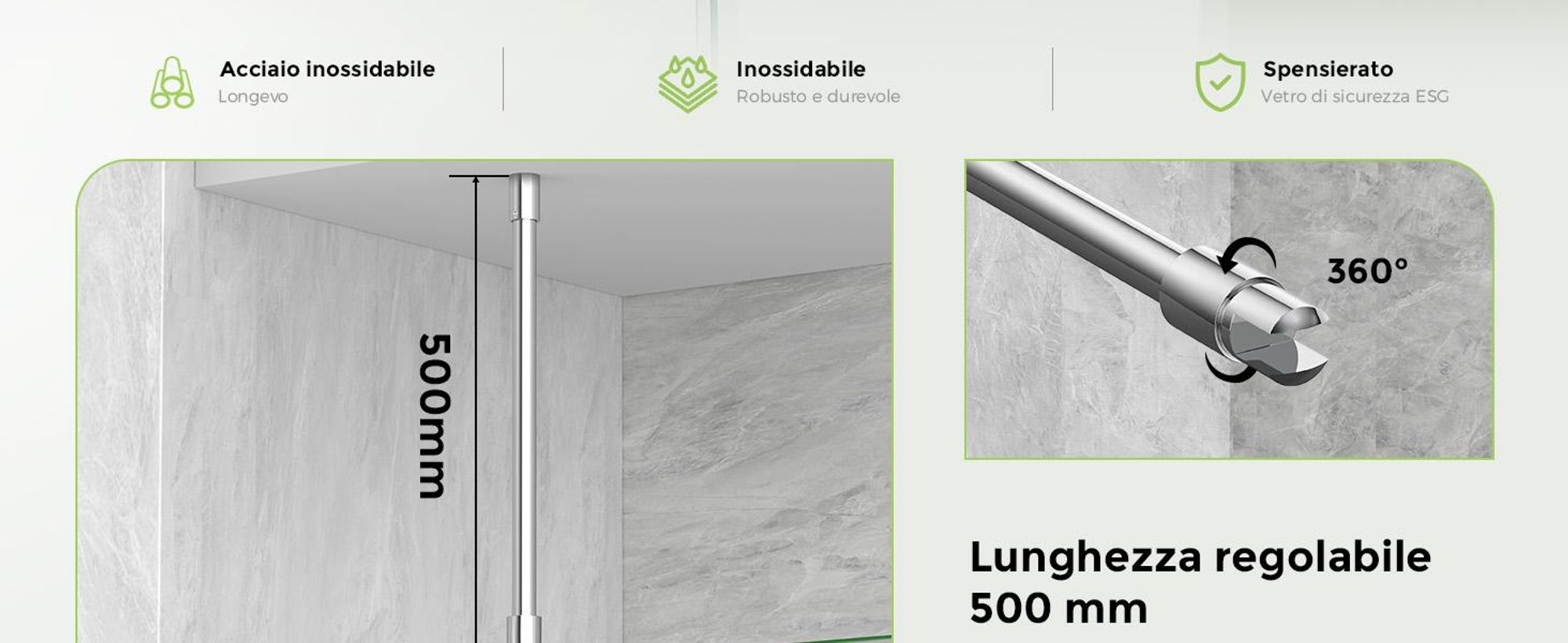 S'AFIELINA barra stabilizzatrice per doccia in acciaio inox, rotonda, regolabile (lunghezza), per vetro 6-10 mm, anche per soffitto, ideale per cabine doccia,1 pezzo