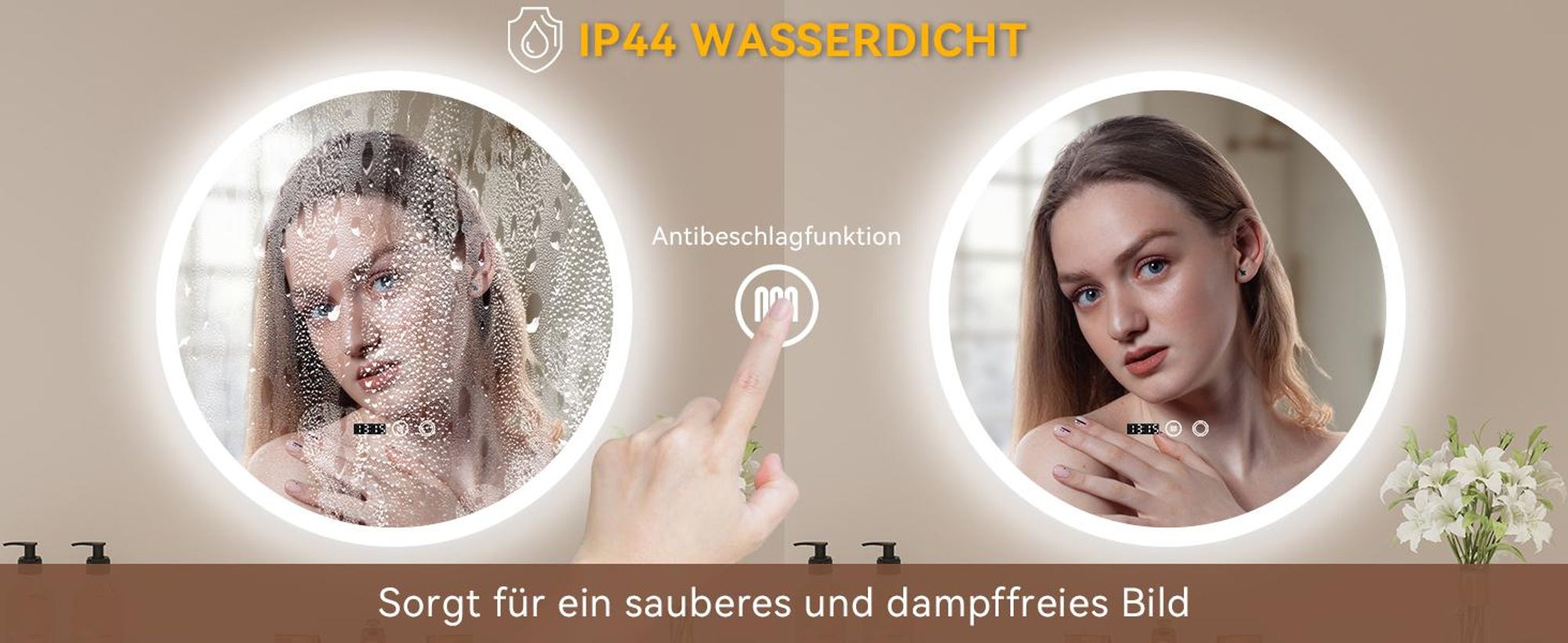 Puluomis Badspiegel beschlagfrei 50cm mit Uhr Temperatur, 3 Farbe dimmbare Helligkeit LED Beleuchtung,Badezimmerspiegel 6500k spritzwassergeschützt