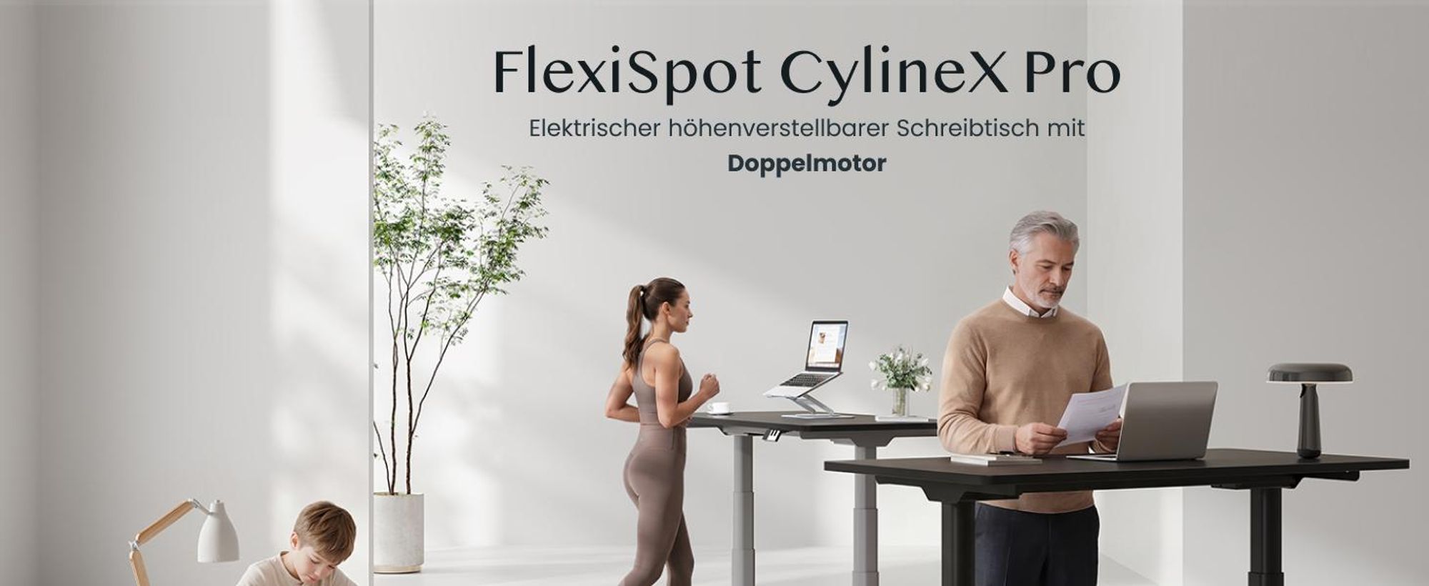 FLEXISPOT CylineX Pro Höhenverstellbarer Schreibtisch Elektrisch, Ovaler Beindesign, 200KG Tragkraft, Dualmotor, Klavier-Tasten-Bedienfeld, Weiß
