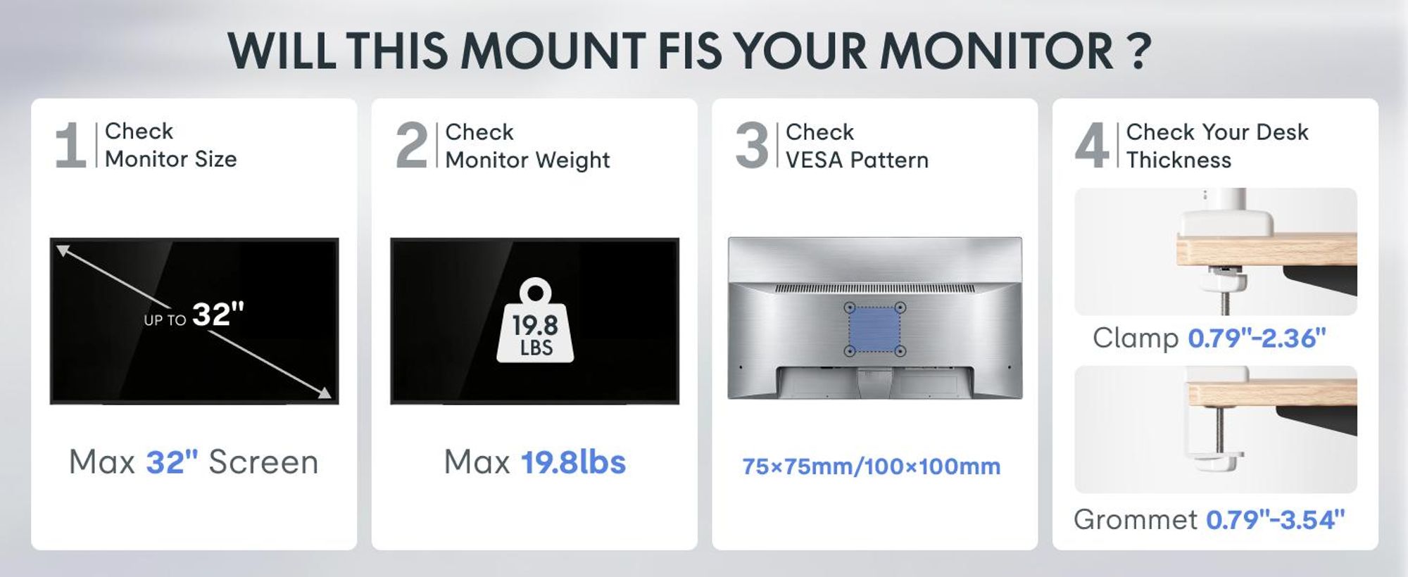 FLEXISPOT MA1 Monitorhalterung 17–32 Zoll, Gasdruckfeder Monitorarm für 1 Monitor, höhenverstellbar & schwenkbar, VESA 75x75/100x100, Weiß