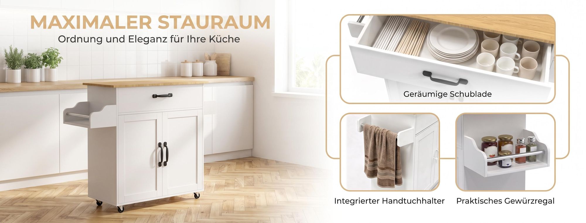 ROSEJANE Küchenwagen mit Holz-Arbeitsplatte, Servierwagen auf Rollen mit Schublade, Schrank & Gewürzregal, mobiler Küchenrollwagen, Weiß, 115 x 36 x 90 cm