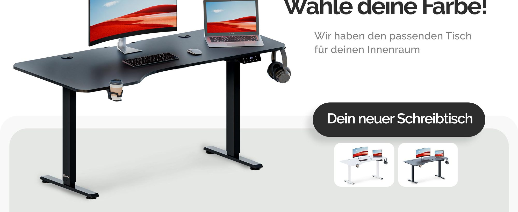CASARIA® Höhenverstellbarer Schreibtisch 160x75 cm elektrisch mit Kopfhörerhalter Tassenhalter Modern Büro Gaming PC Computer Tisch Schwarz Carbon-Optik