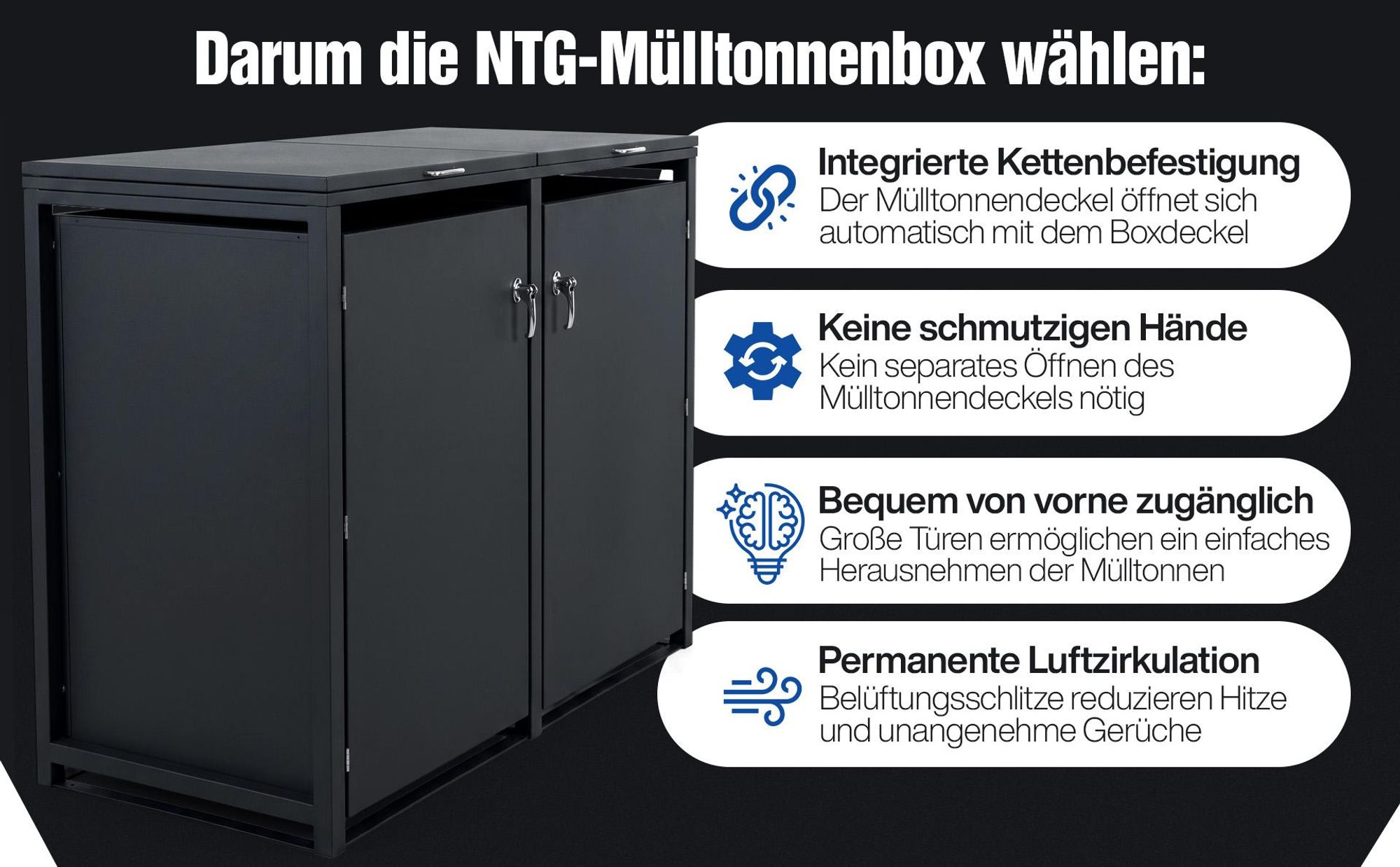 5x Mülltonnenbox 240L Anthrazit – Mülltonnenverkleidung / Mülltonnenhaus aus verzinktem Stahl mit Soft-Close Deckel, Schloss & Belüftung