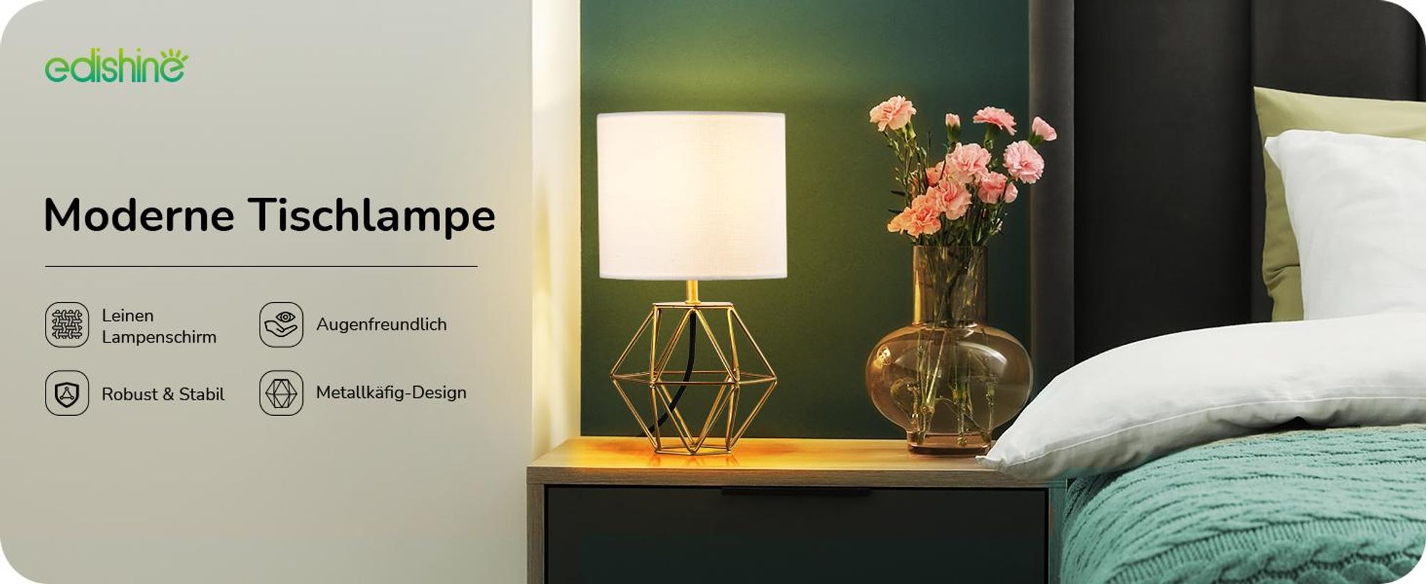 EDISHINE Tischlampe, Moderne Nachttischlampe mit E14 Leuchtmittel, Vintage Tischleuchte, für Schlafzimmer, Wohnzimmer, Weiß & Gold
