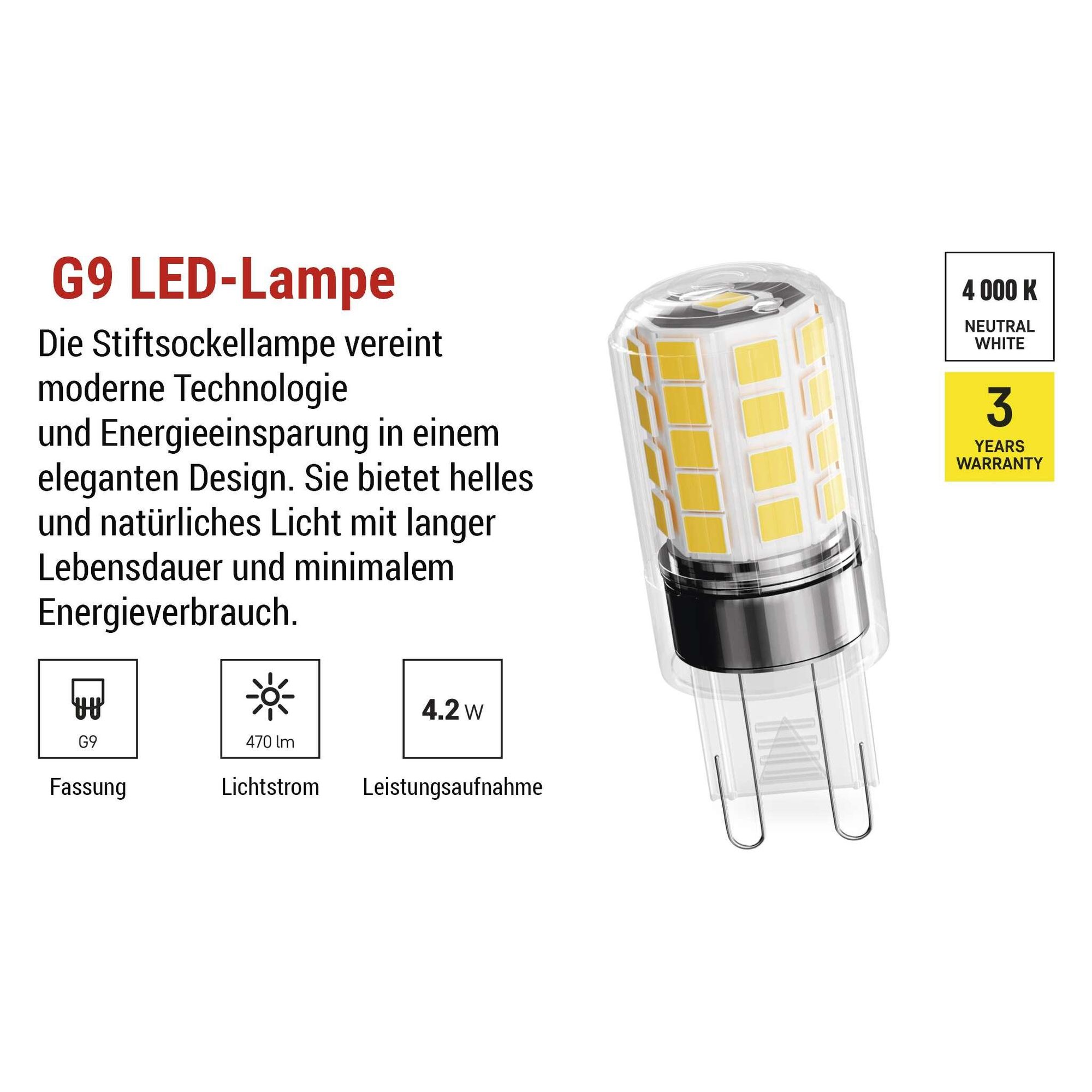 EMOS G9 LED Lampe CLASSIC 4,2 W, ersetzt 40 W Halogenlampe, G9 Pin Lampe JC mit Helligkeit 470 Lumen, Neutralweiß 4000 Kelvin, langlebig, ZQ9E23