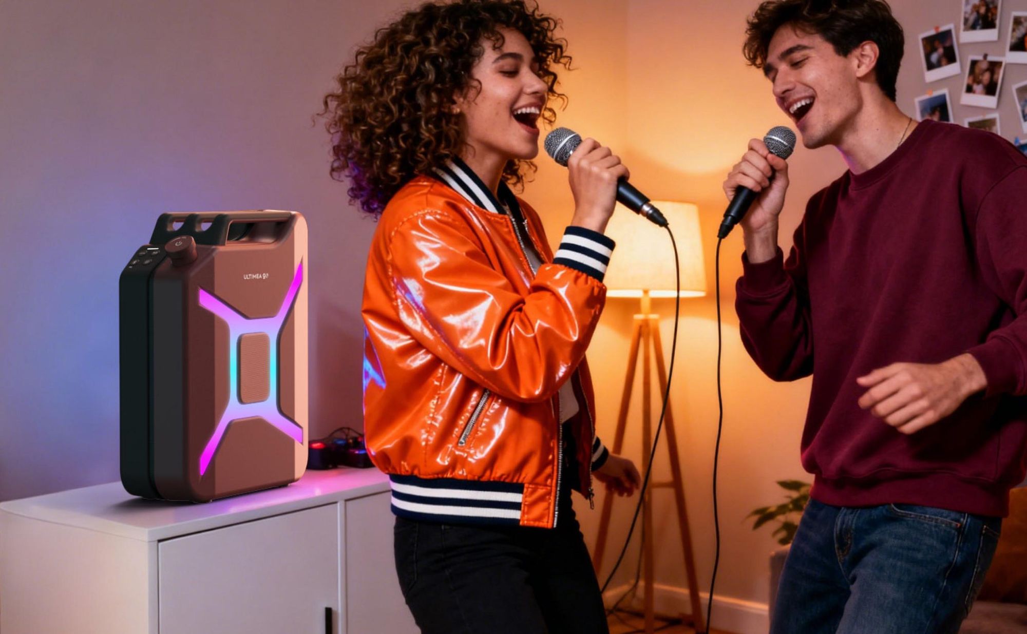 ULTIMEA Go tragbarer Party-Lautsprecher, 300 W Bluetooth PartyBox mit Bass-Boost, RGB-Beleuchtung, Mikrofon-/Gitarreneingang, Party & Outdoor, Rot