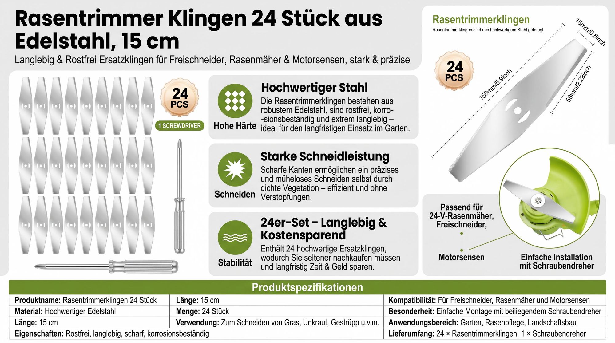 Rasentrimmer Klingen 24 Stück aus Edelstahl, 15 cm langlebig & rostfrei Ersatzklingen für Freischneider, Rasenmäher & Motorsensen, stark & präzise