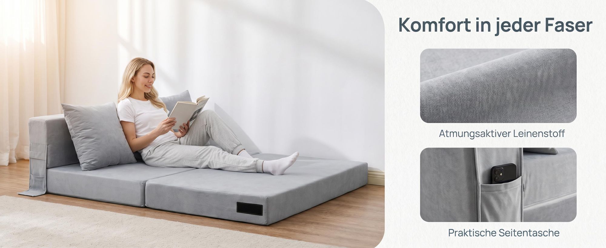 Faltbares Schlafsofa 140x200 cm mit Kissen für Zwei, umwandelbarer Bodensessel mit Rückenlehne für kleine Räume, Büro & Gästezimmer, Grau