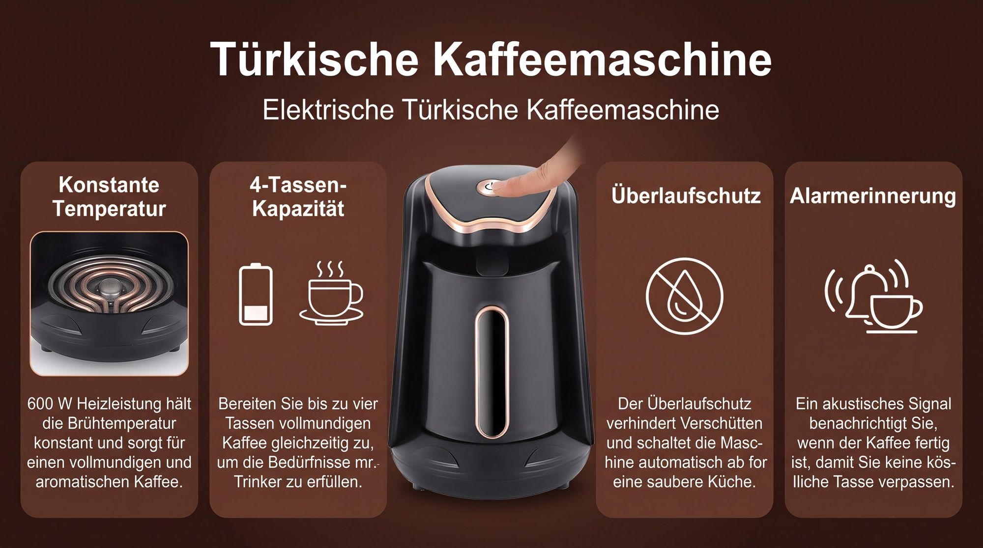 Türkische Kaffeemaschine,Elektrische Türkische Kaffeemaschine,600 W,300ml,4 Tassen, mit Anti Überlauf Anti Trockenverbrennung