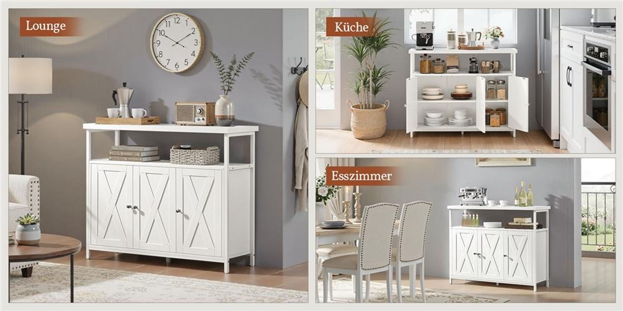 Yaheetech Küchenschrank Sideboard mit 3 Türen & offenen Regalen, 100×35×81cm, verstellbare Ablage, Buffetschrank Aufbewahrungsschrank, Weiß
