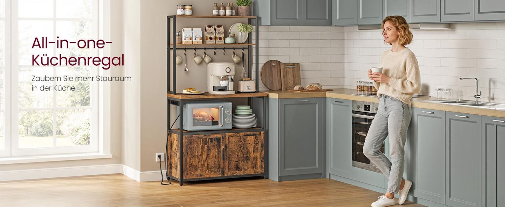 Küchenregal mit Steckdosen, Küchenschrank, 40 x 80 x 170 cm, Standregal mit 8 Haken, braun-schwarz
