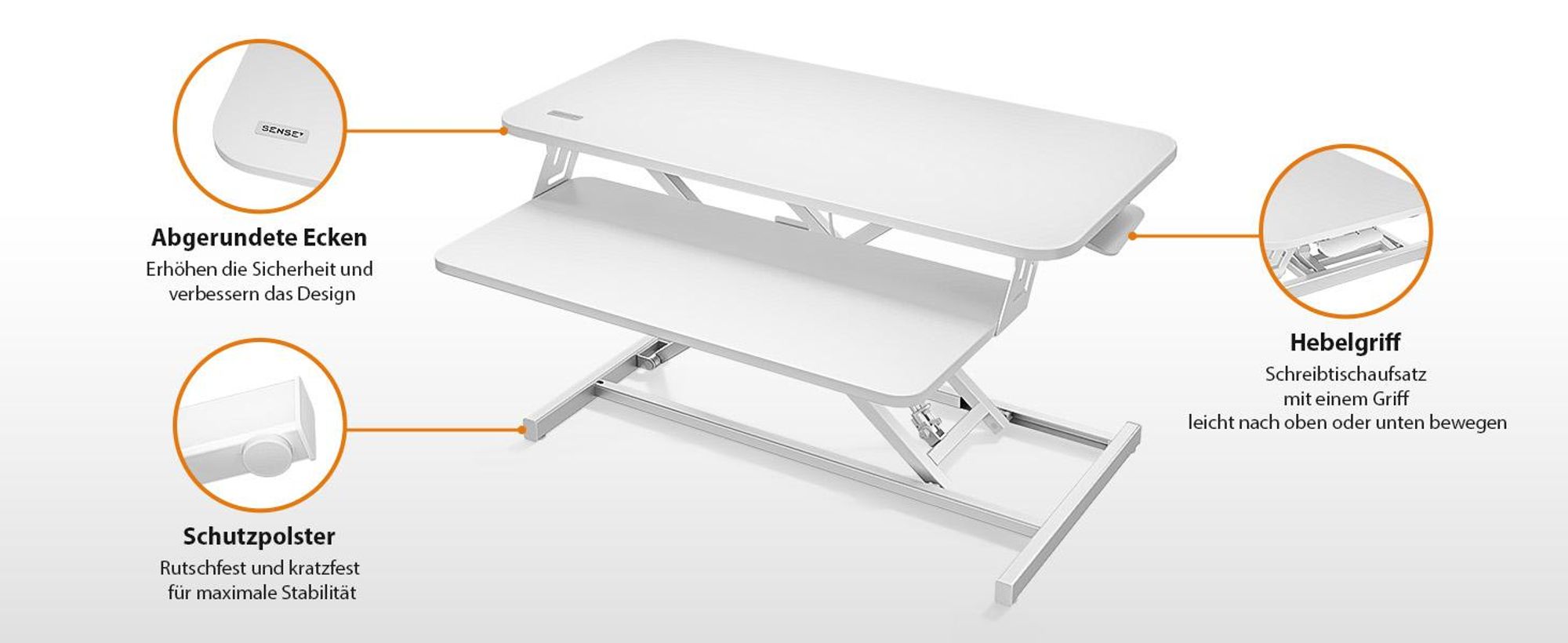 SENSE7 Desktop-Konverter Weiß Ergonomischer Schreibtischaufsatz Höhenverstellbar Sitz-Steh Workstation 81x40cm Büro Stehpult Monitorständer bis 13 kg