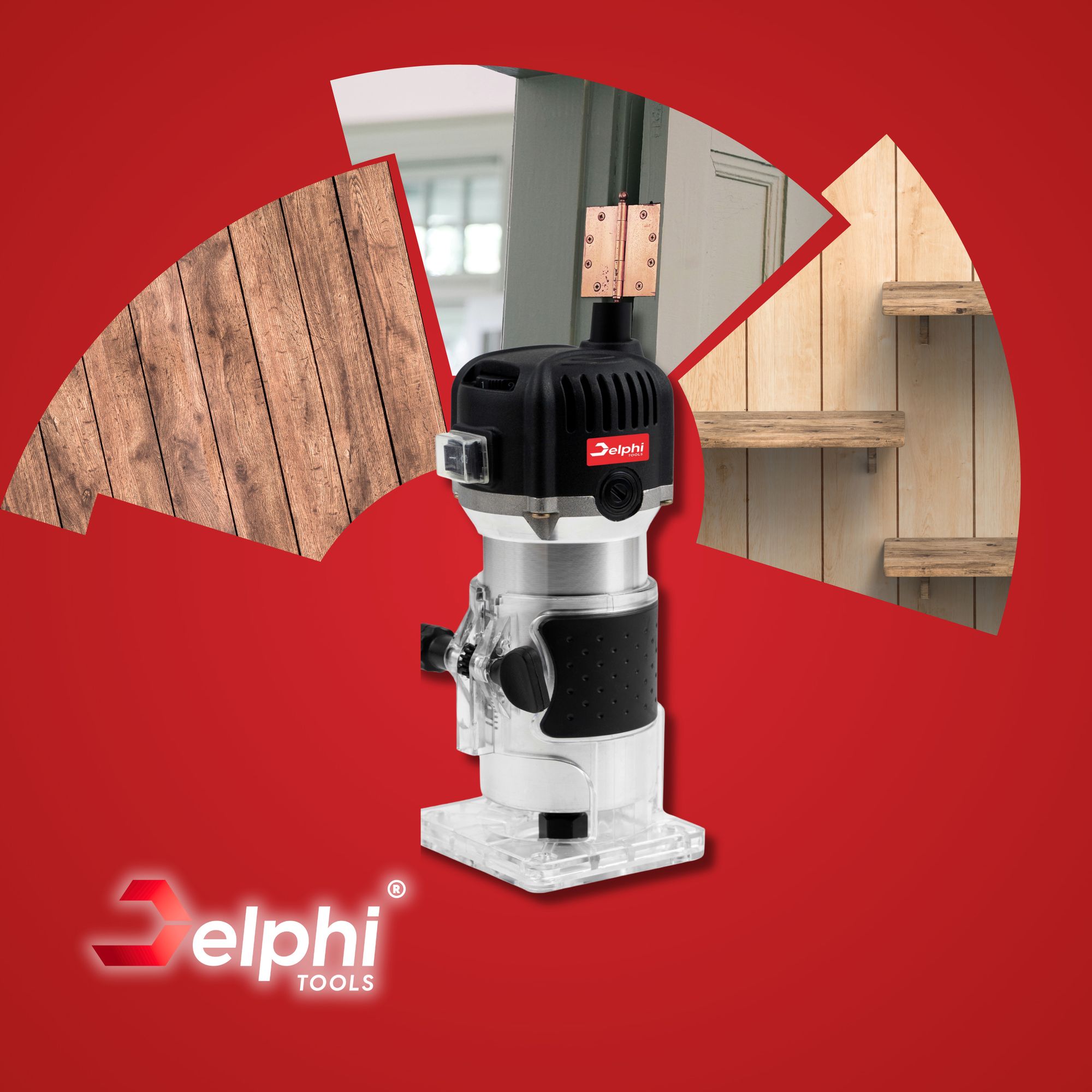 DELPHI Oberfräse für Holzbearbeitung 800 W Kantenfräse Handpalmenfräser für die Holzbearbeitung mit Zubehör 330000 R/min 6,35 mm Set
