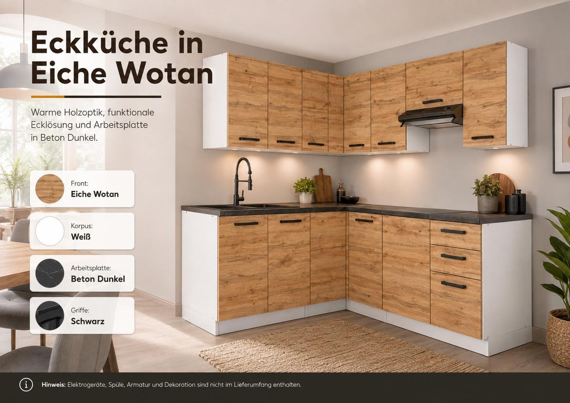 Eckküche in Eiche Wotan mit dunkler Arbeitsplatte und schwarzen Griffen