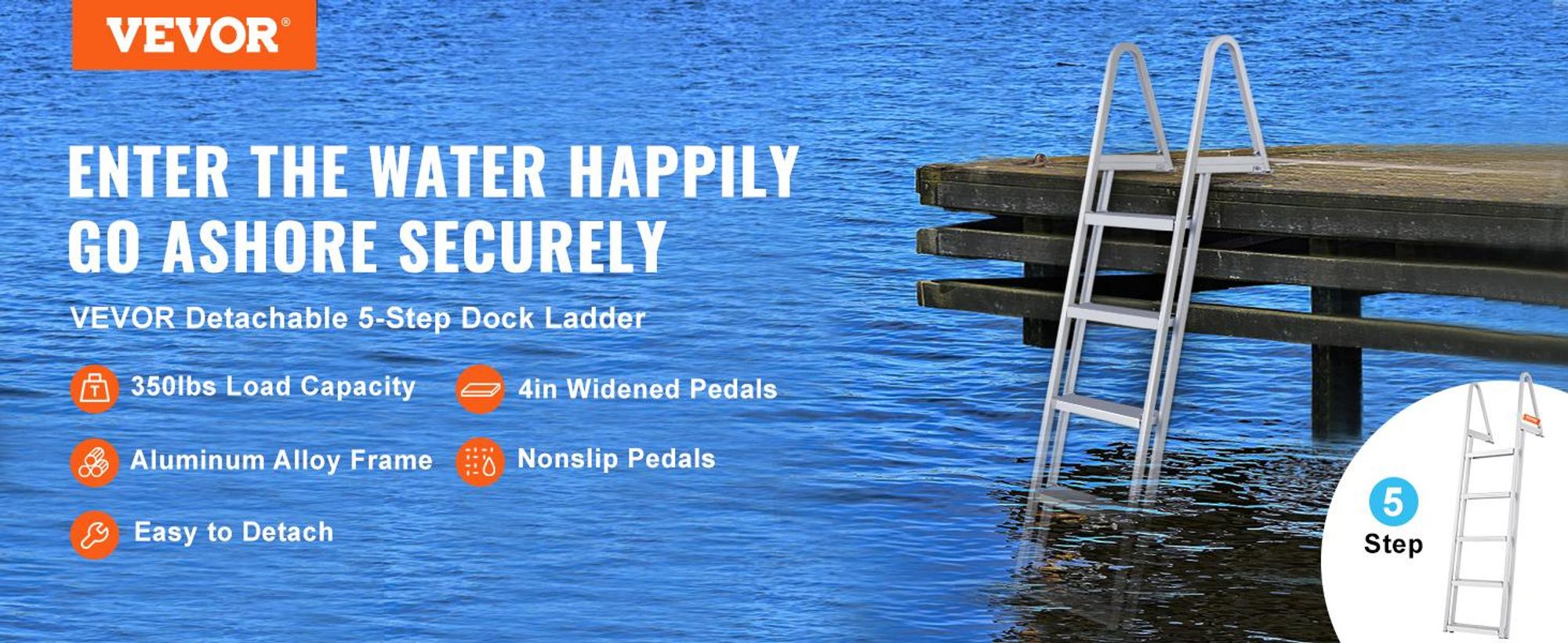 VEVOR Dockleiter, abnehmbare 4 Stufen, 350 lbs Tragfähigkeit, Aluminiumlegierung Pontonbootleiter mit 4'' breitem Schritt und rutschfestem Designpedal, einfach zu installieren für Schiff/See/Pool/Marine-Bord, 5 Schritte