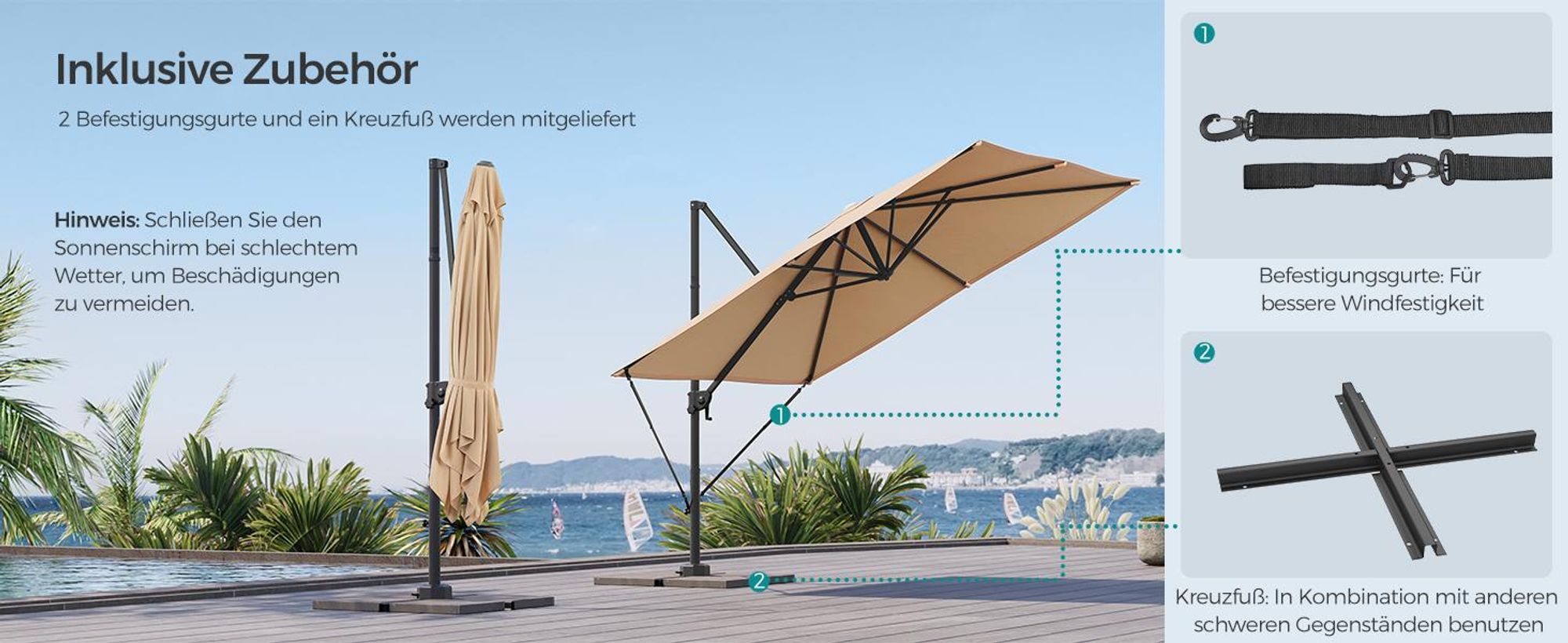 SONGMICS Sonnenschirm, 270 x 270 cm,  UPF 50+, Gartenschirm, um 360° drehbar