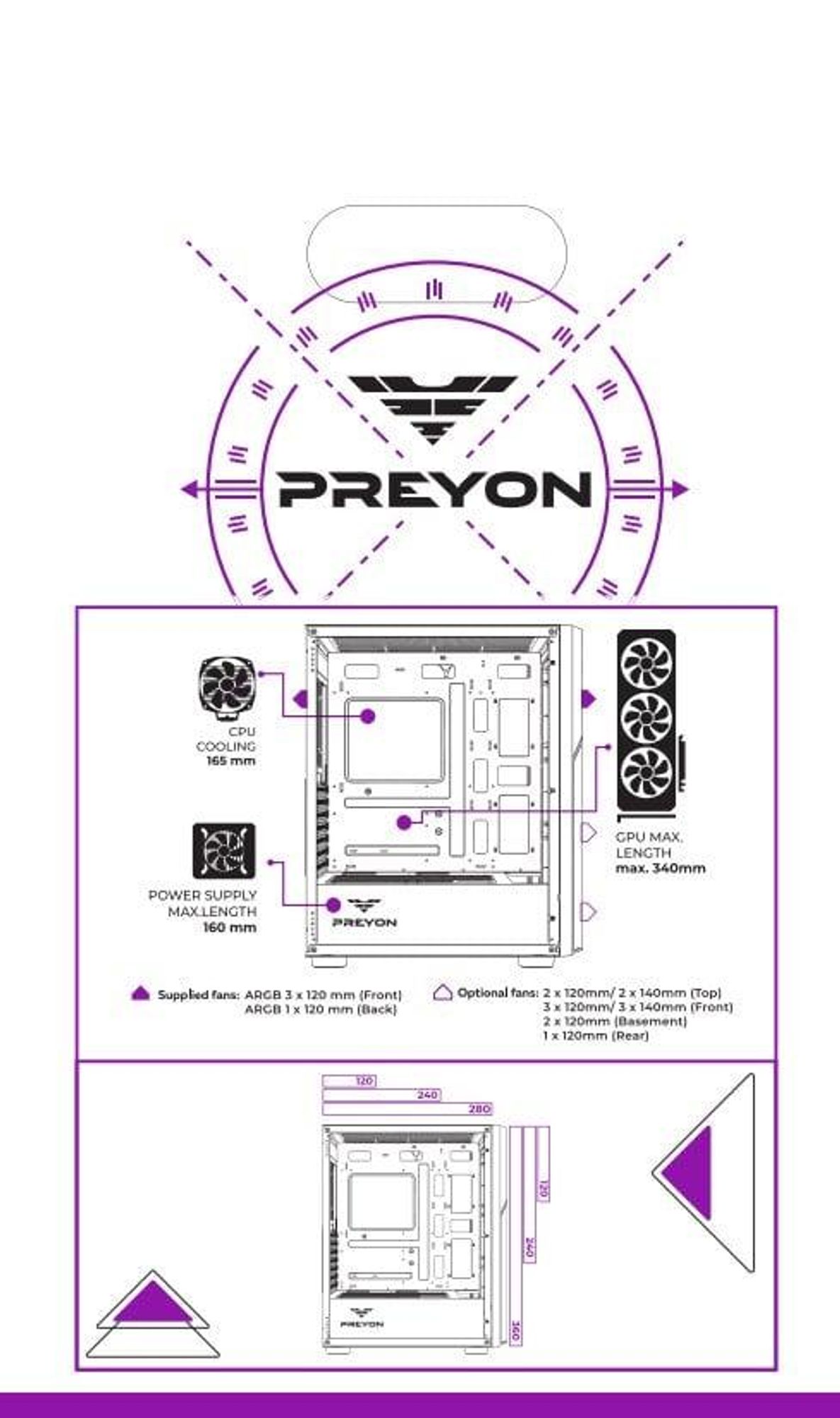PREYON Nest Aero Gaming PC Gehäuse – E-ATX Midi Tower mit 4x120mm ARGB PWM Lüftern & Controller – Tempered Glass Sichtfenster, Mesh-Front, Staubfilter