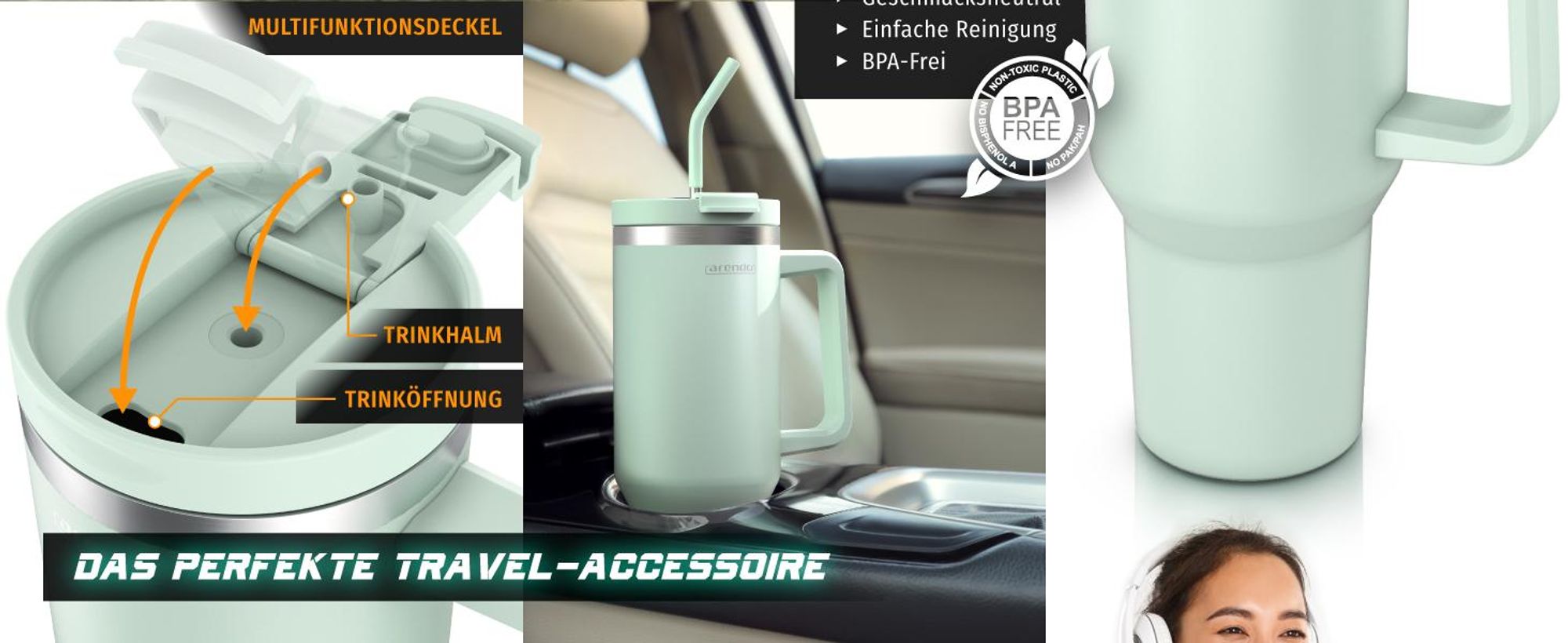 Arendo Isolierbecher, Thermobecher, Tumbler, Mehrwegbecher, 1200 ml, doppelwandiger Edelstahl, luftdichter Deckel, mit Henkel, Trinkhalm, BPA-frei, hält  6h warm 12h kalt