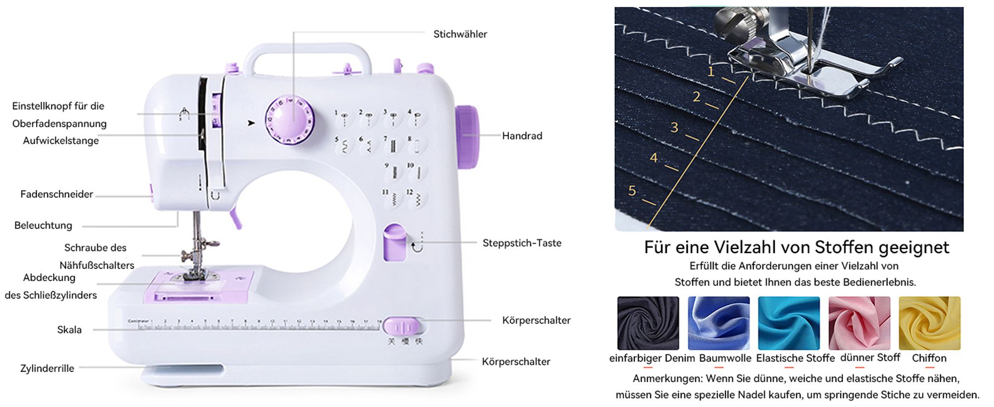 Nähmaschine, Handnähmaschine, Nähen Maschine, Strickmaschine, mit 2 Schalter und 12 Programme, Haushalt, mit 12 integrierten Sticharten, für Anfänger
