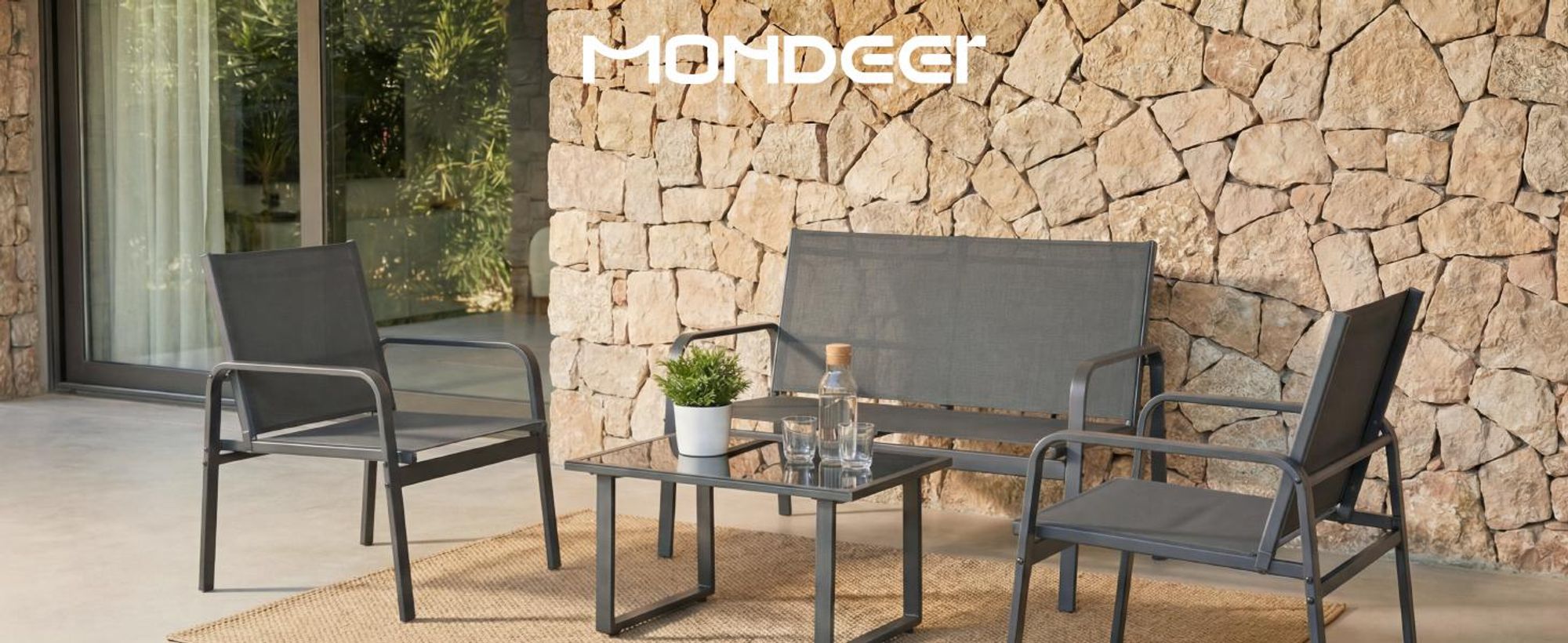 Mondeer Gartenmöbel-Set 4-teilig, Sitzgruppe mit Armlehnen & Glas-Tisch, Wetterbeständig für Balkon Terrasse Grau
