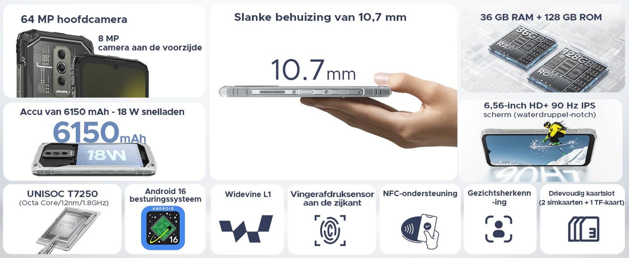 DOOGEE Blade10 Ultra Energy: Robuuste outdoor smartphone, Android 16, IP68/IP69K, 6,56" scherm met 90Hz, 6150mAh batterij, 36+128GB opslag, 64MP camera, NFC, vingerafdruksensor, zonder abonnement