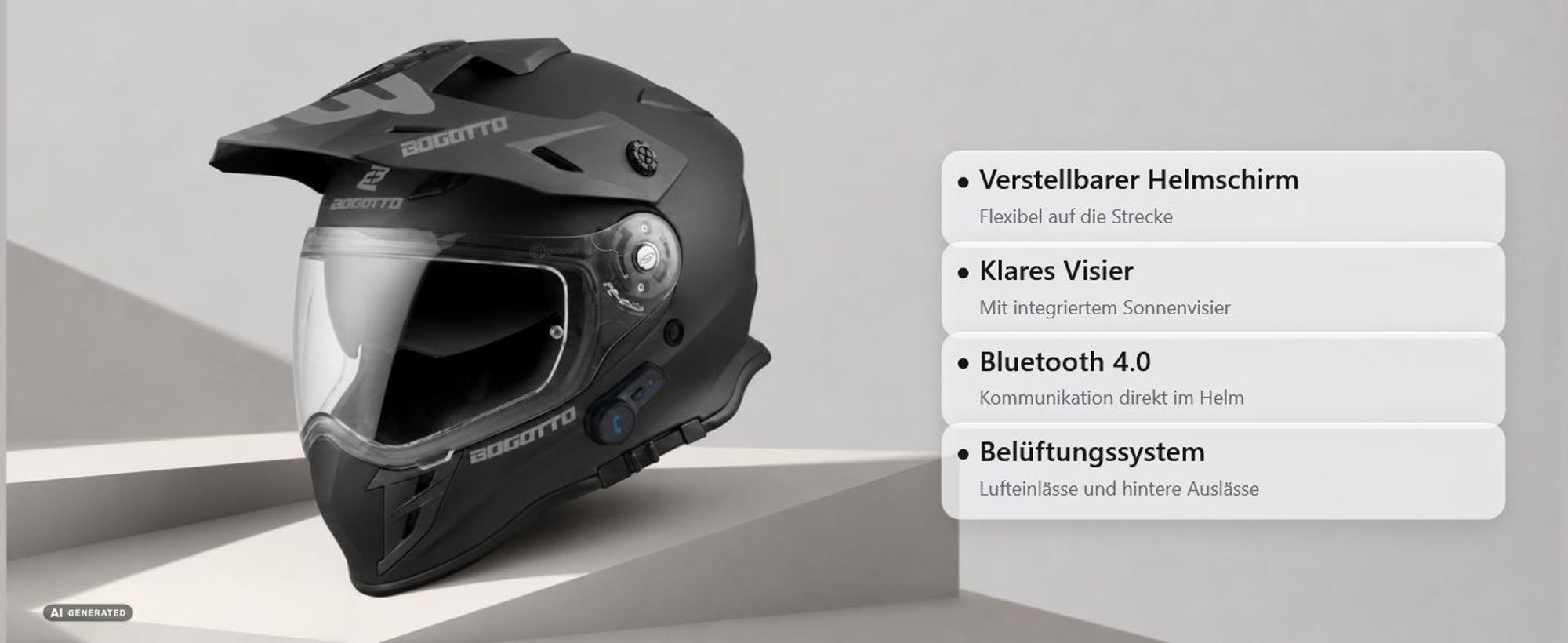 Bogotto H331 BT Bluetooth Enduro Helm, schwarz matt, XS (53/54)