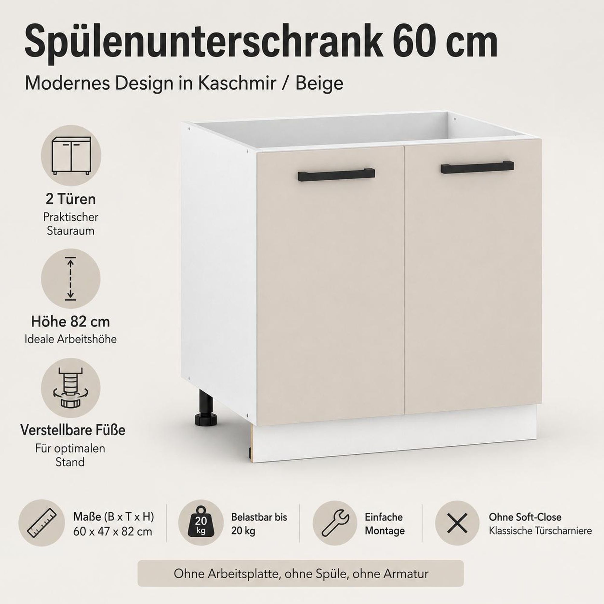Spülenunterschrank 60 cm Kaschmir Beige: 2 Türen, schwarze Griffe & Höhe 82 cm.