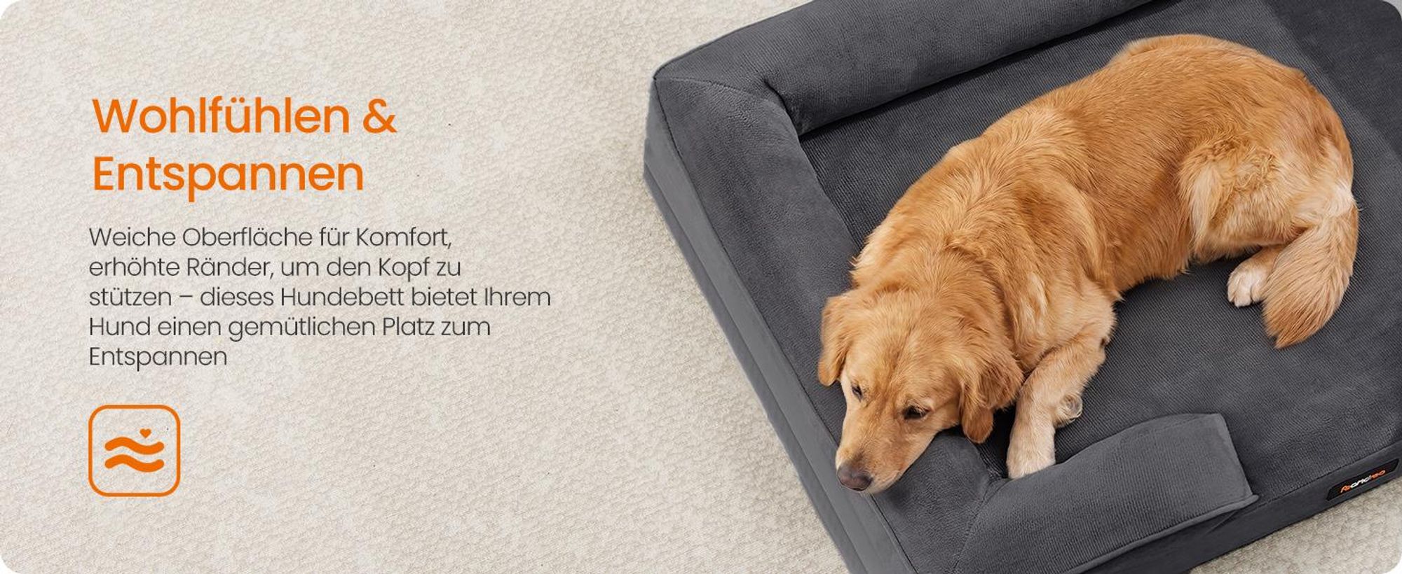 FEANDREA Orthopädisches Hundebett XXL, abnehmbarer Bezug, erhöhte Ränder, rutschfest, waschbar, Haustierbett, dunkelgrau