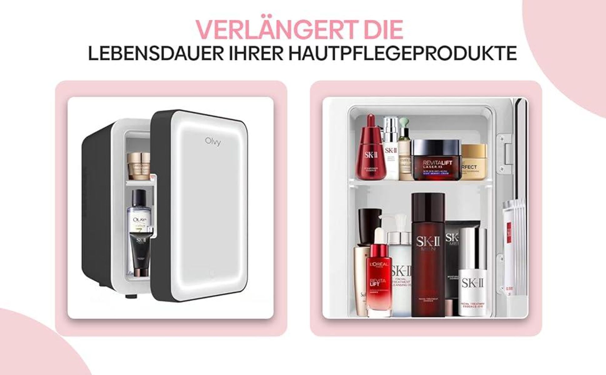 Olvy Kosmetik Kühlschrank 4 Liter, Tragbarer Mini Kühlschrank mit LED Spiegel, Klein Skincare Fridge, Kühl und Heiß für Zimmer, Schwarz