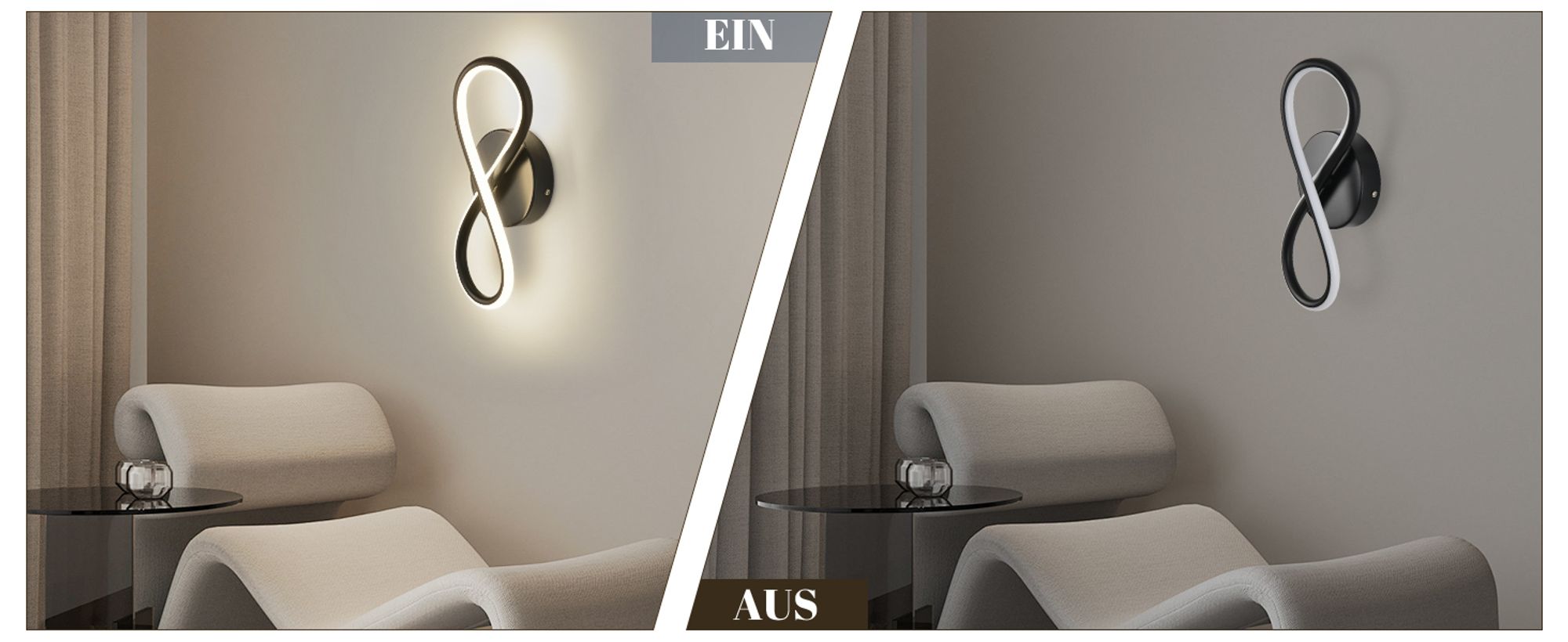 ZMH Wandleuchte Innen LED Wandlampe Schwarz Wand Lampe für Treppenhaus Schlafzimmer Wohnzimmer Korridor Kühles Modern Design 7W Kurvendesign Dekorativ Wandleuchten Warmweiß 3000K